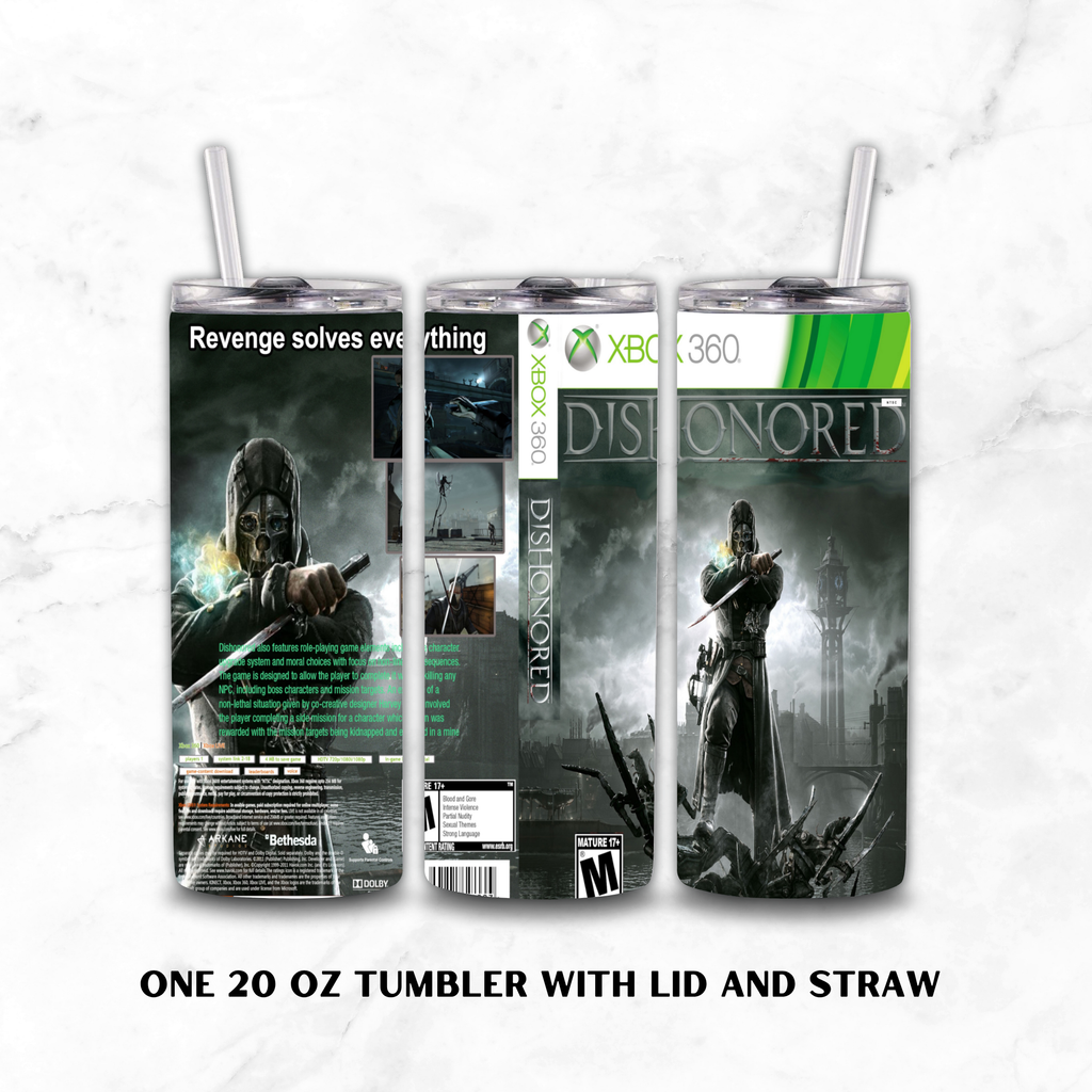 Three views of a 20 oz tumbler with lid and straw, wrapped in a dark Xbox 360 'Dishonored' video game themed wrap, displayed on a white marble background.