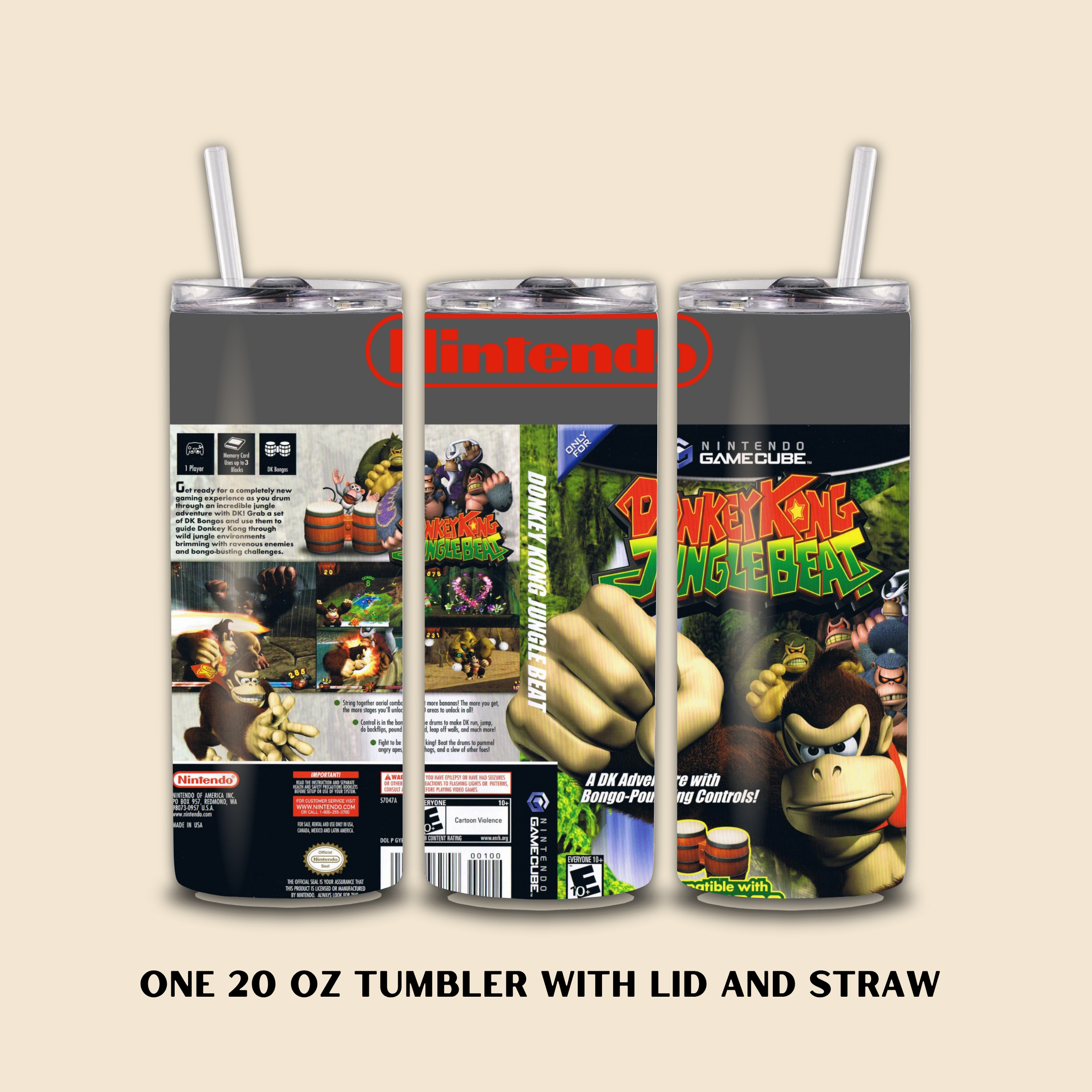 Three tumblers with lids and straws featuring Donkey Kong graphics on a beige background.
