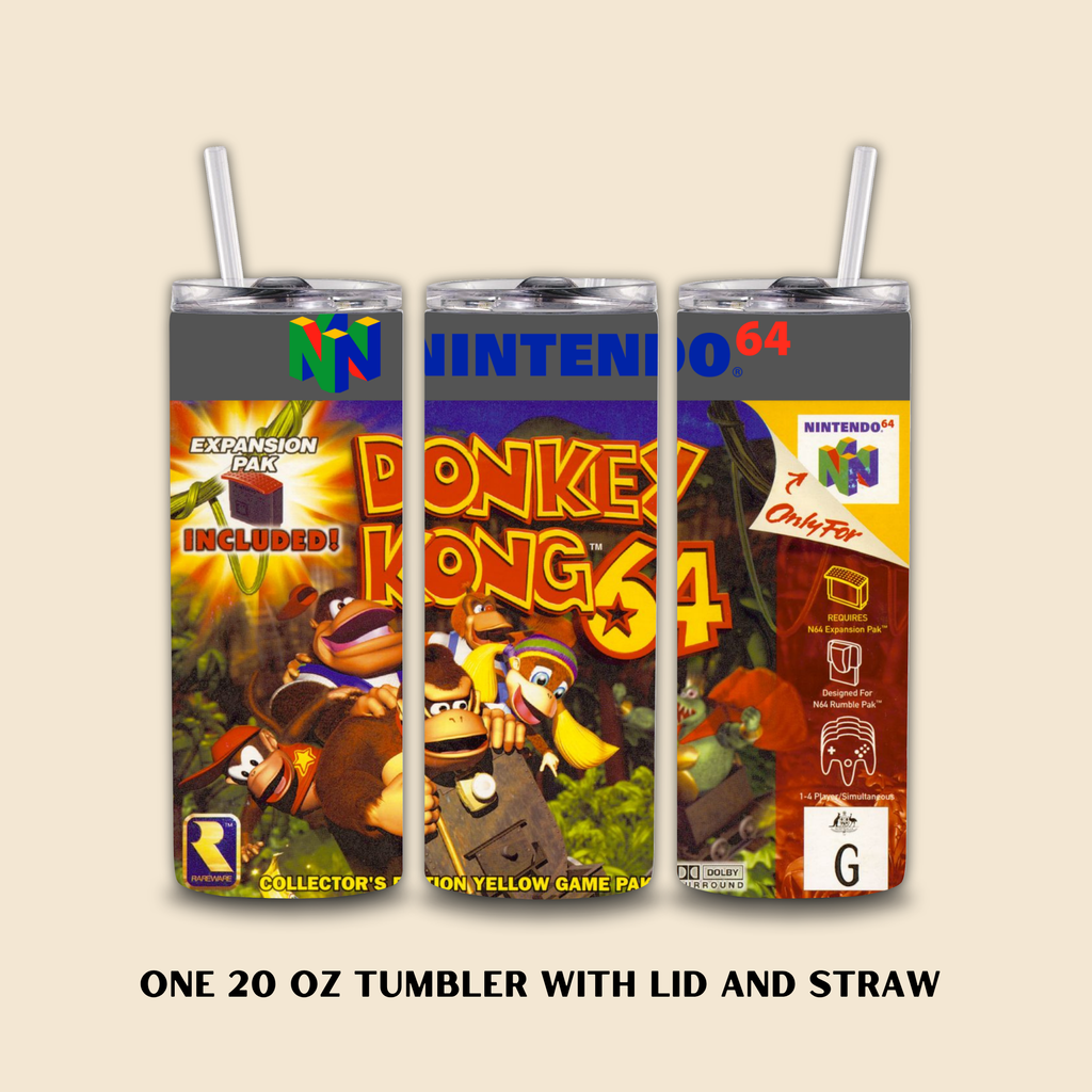 Three tumbler designs inspired by Nintendo 64 game Donkey Kong on a beige background.