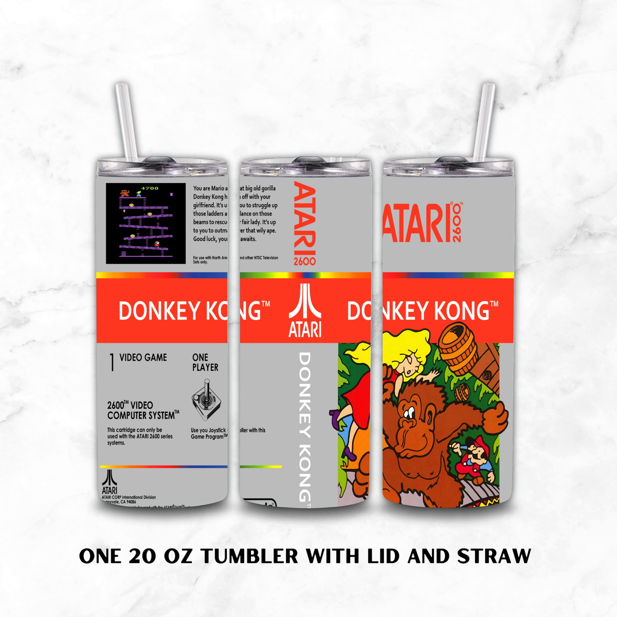 Three views of a 20 oz stainless steel tumbler with lid and straw, featuring retro Atari Donkey Kong artwork and text on a white marble background.