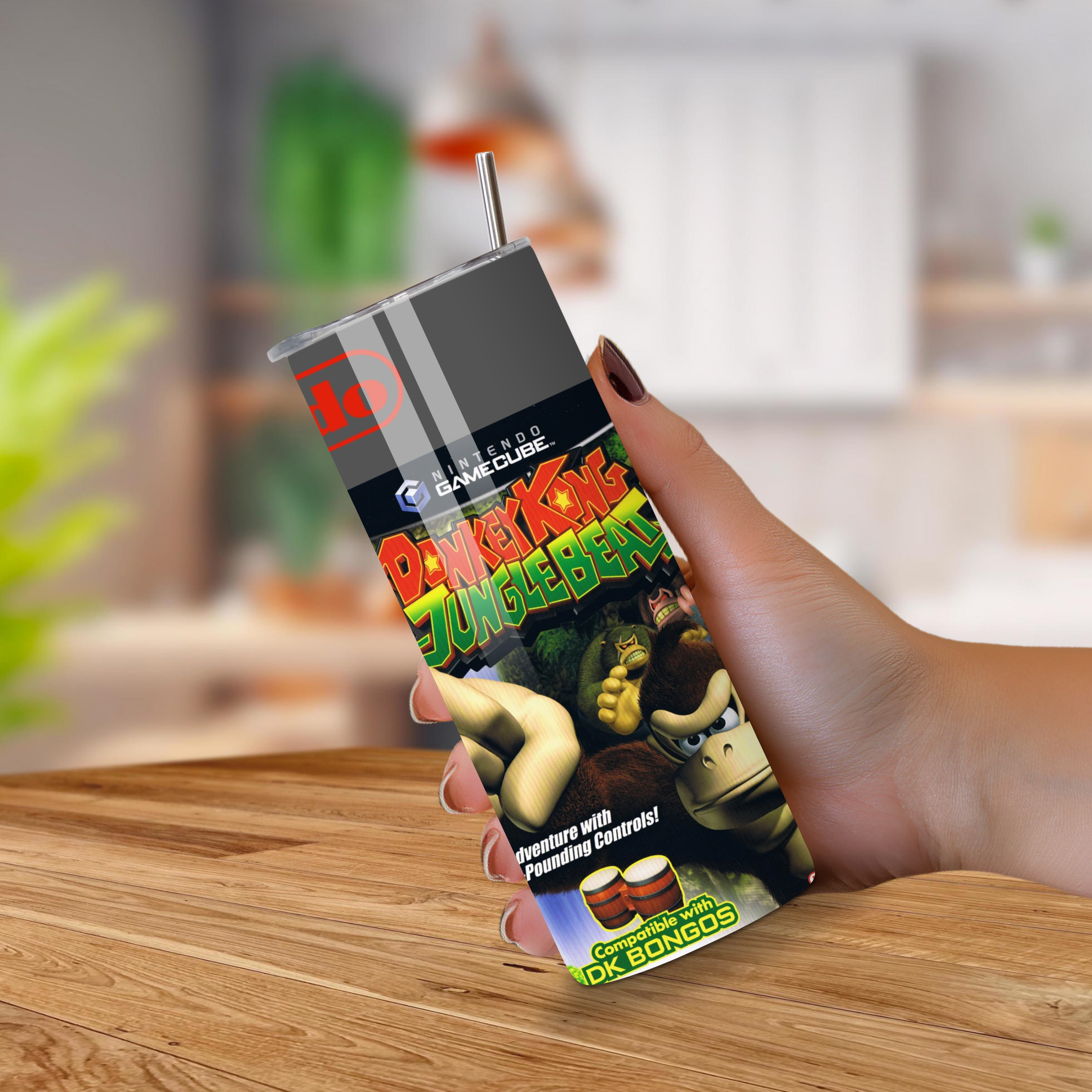 donkey kong 20 oz tumbler with a wood surface
