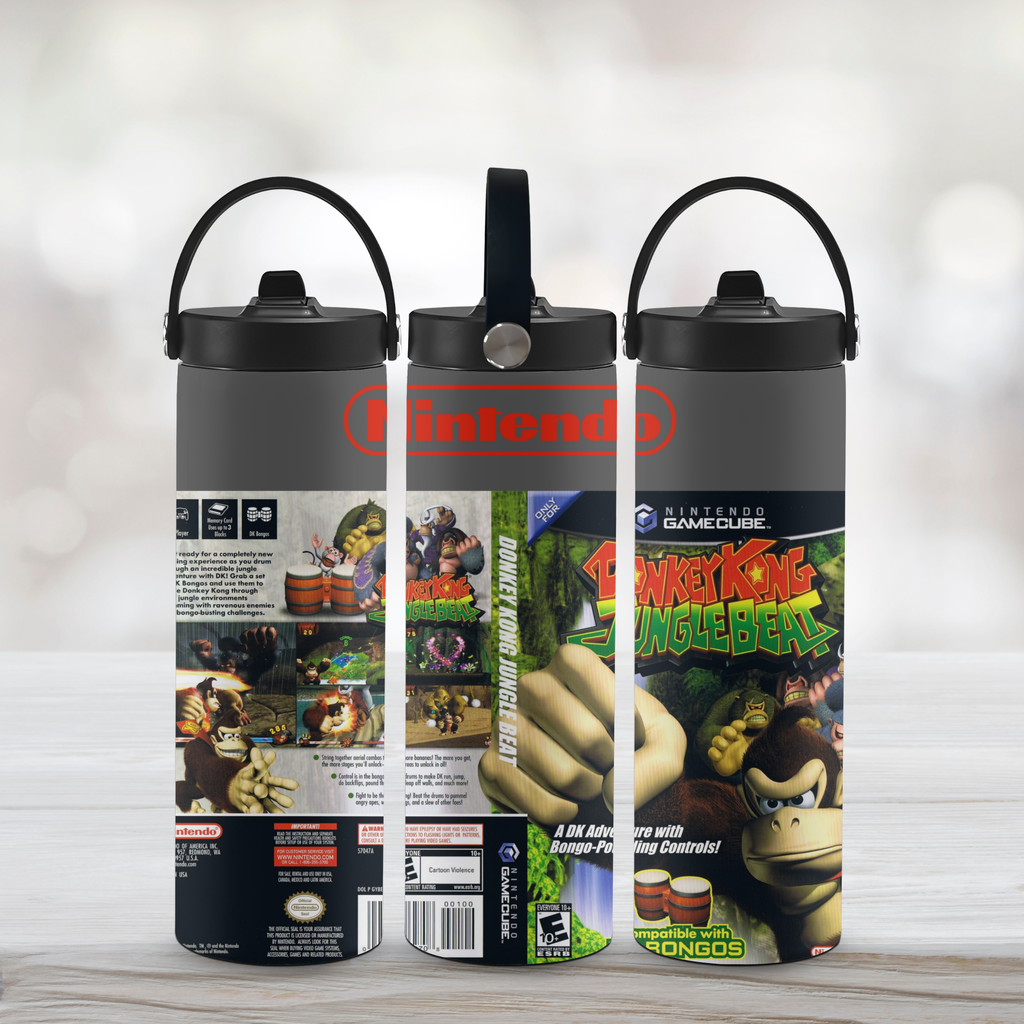 three donkey kong sports water bottler with a white background