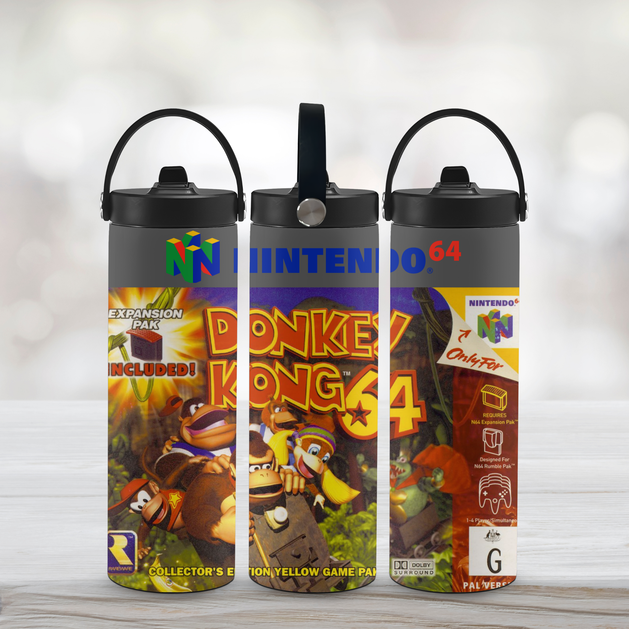 Three water bottles with Donkey Kong 64 and Nintendo branding on a light background