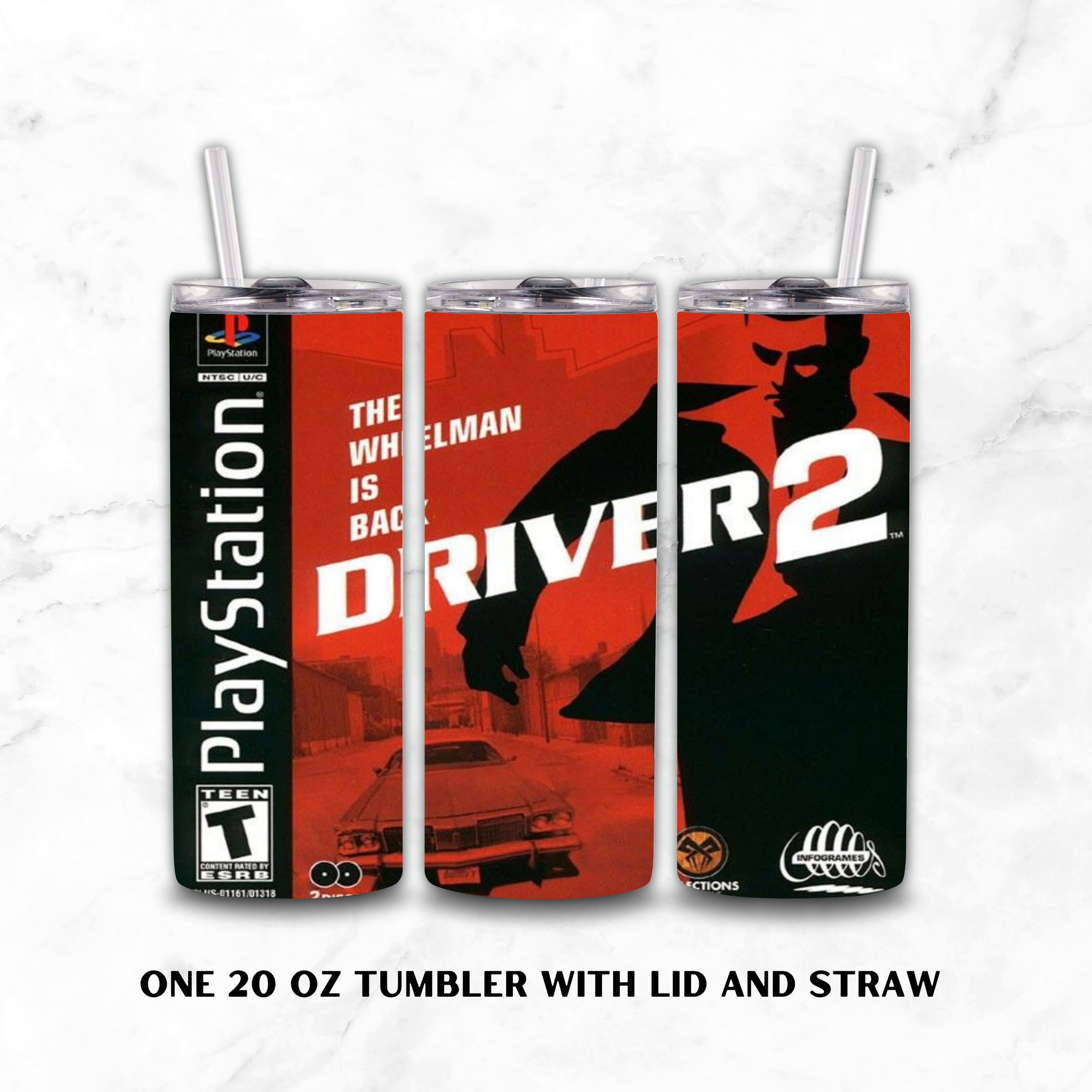 Three views of a 20 oz PlayStation-themed Driver 2 tumbler with lid and straw, displayed on a white marble background. The tumbler wrap features red, black, and white graphics with PlayStation and ESRB logos.