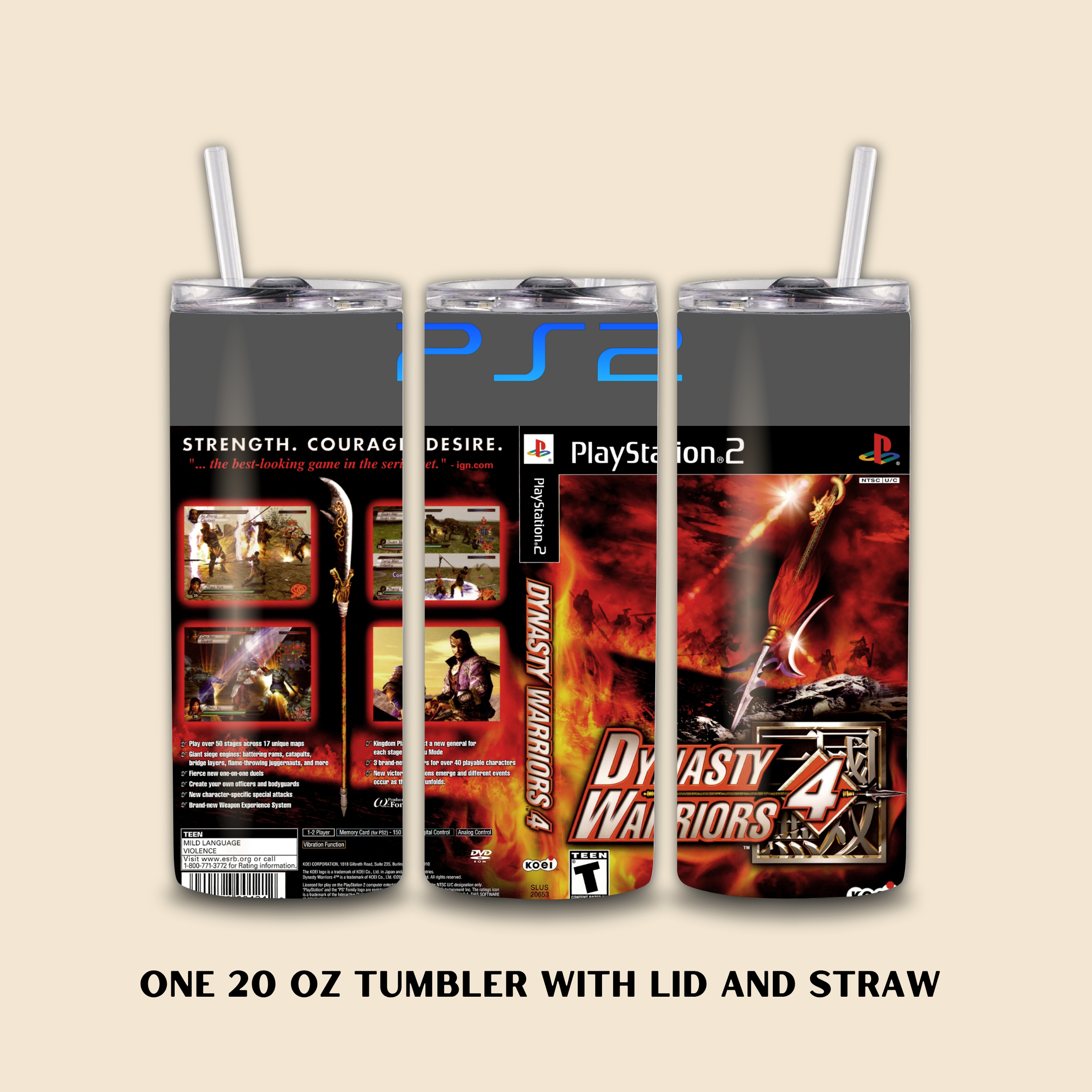 Three 20 oz tumblers with lids and straws featuring PlayStation 2 game Dynasty Warriors 4 on a beige background.