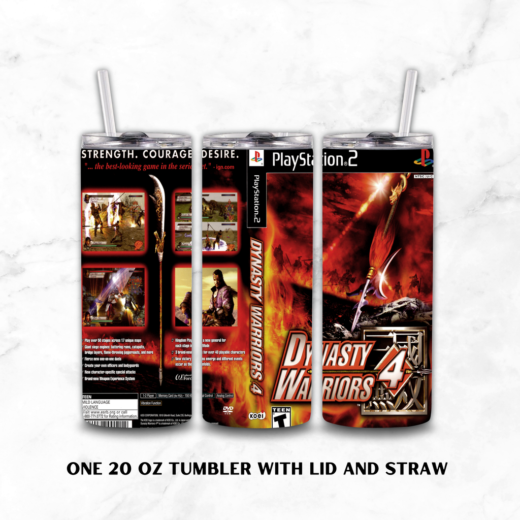 Three views of a 20 oz stainless steel tumbler with lid and straw, printed with PlayStation 2 Dynasty Warriors 4 video game artwork, shown on a white marble background with text reading 'ONE 20 OZ TUMBLER WITH LID AND STRAW'.