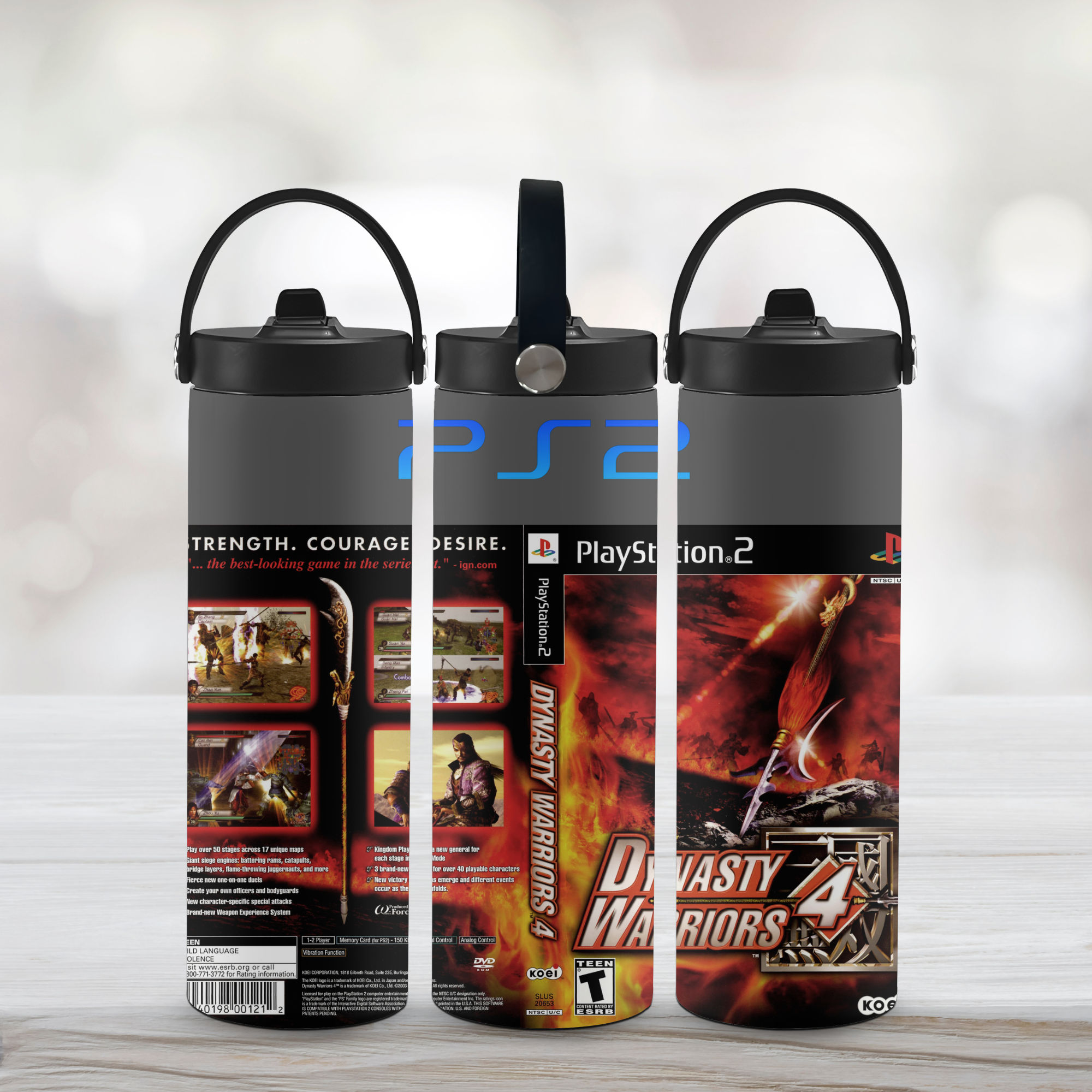 Three PlayStation 2 water bottles with Dynasty Warriors 4 graphics on a light wooden surface.