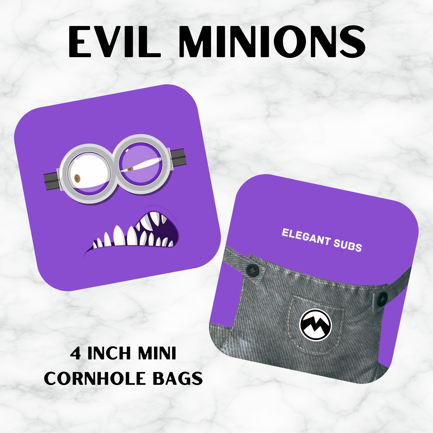 Two purple cornhole bags with a Minion design on a white background, labeled 'Evil Minions'.