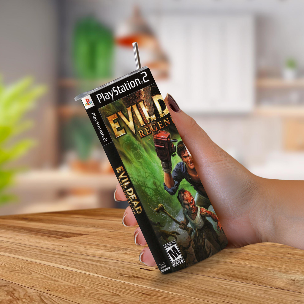 A hand holding 20oz stainless steel tumbler of ps2 & evil dead regeneration theme on a blurred kitchen background.