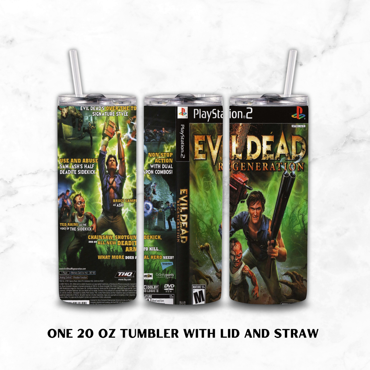 A three viewed 20oz stainless steel tumbler shows a ps2 theme & evil dead regeneration on a white marble background
