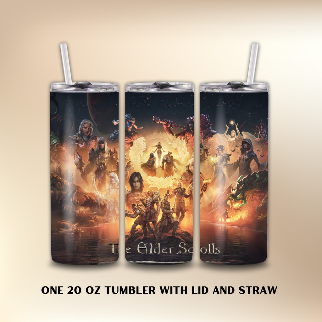Three 20 oz tumblers with 'The Elder Scrolls' design on a beige background.