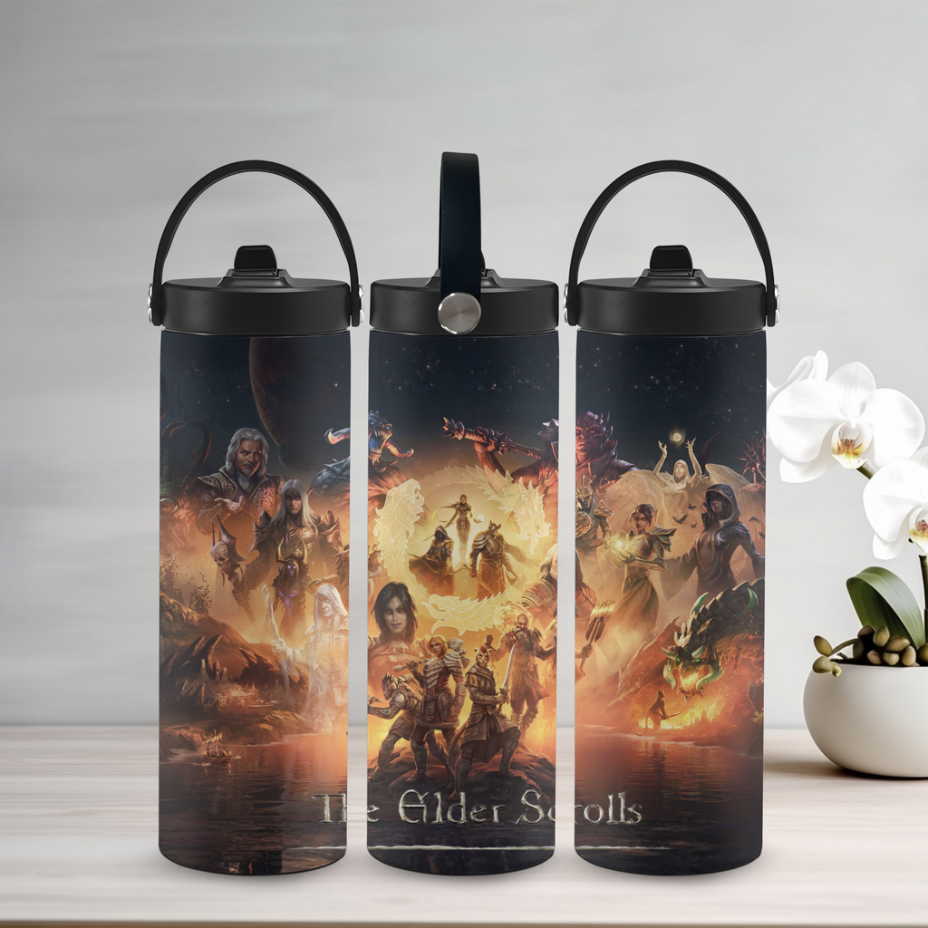 Three sports water bottle containers with 'The Elder Scrolls' design on a light surface.