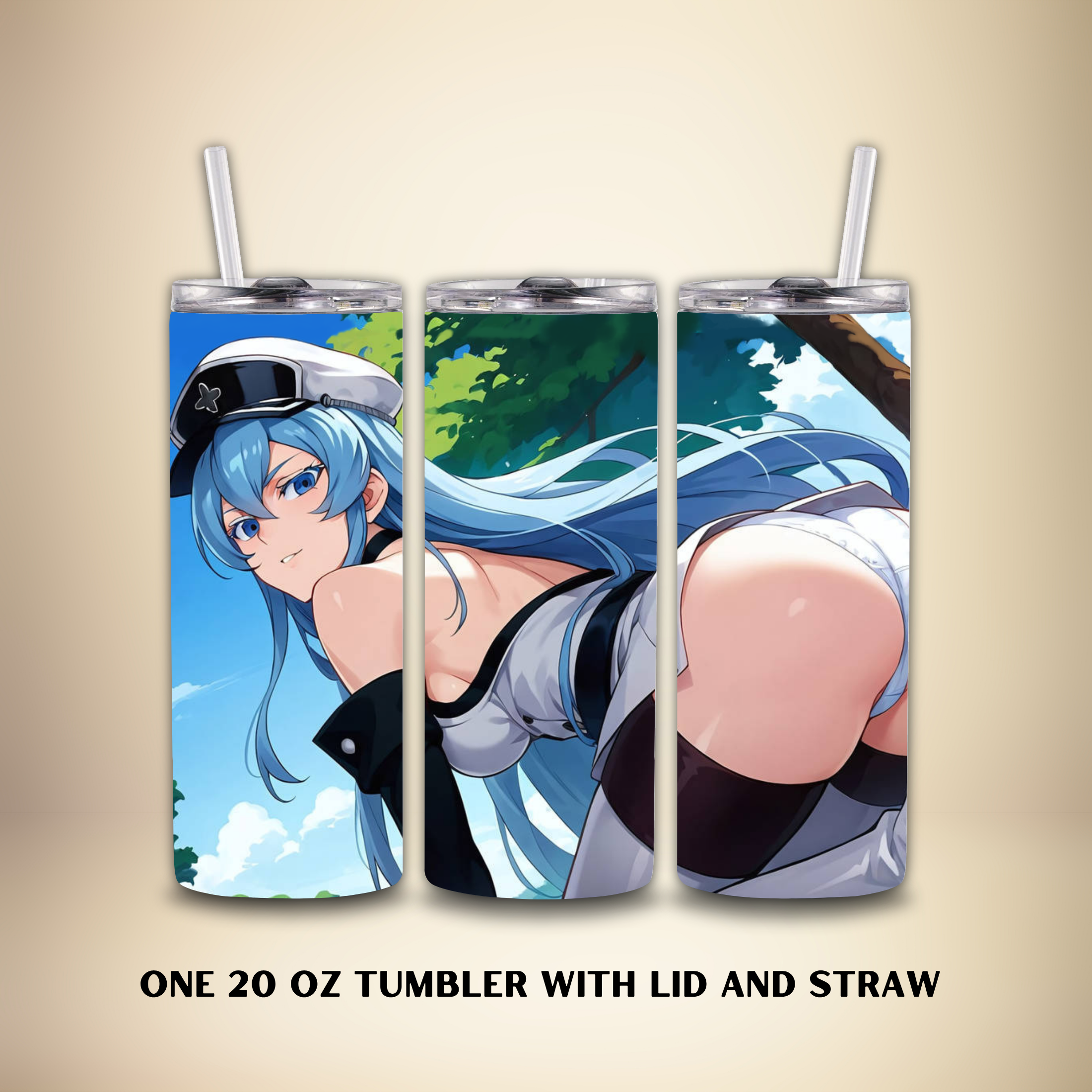 Three 20 oz tumblers with Esdeath anime character design on a beige background.