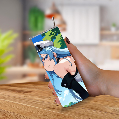 A 20oz tumbler with anime character Esdeath held by a hand on a wooden surface