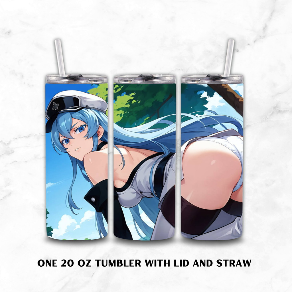 Three views of a 20 oz stainless steel tumbler with lid and straw, featuring an anime character Esdeath with blue hair, black and white outfit, and a blue sky background, shown on a white marble surface.