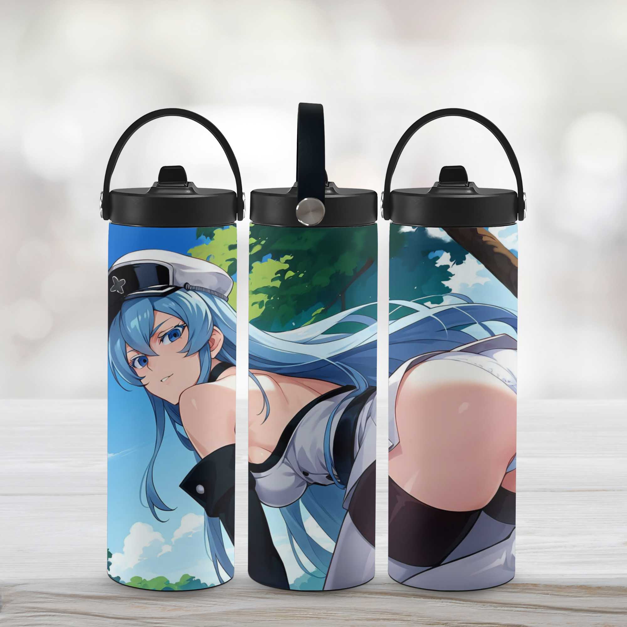 Three sports water bottles with anime character Esdeath design on a light background