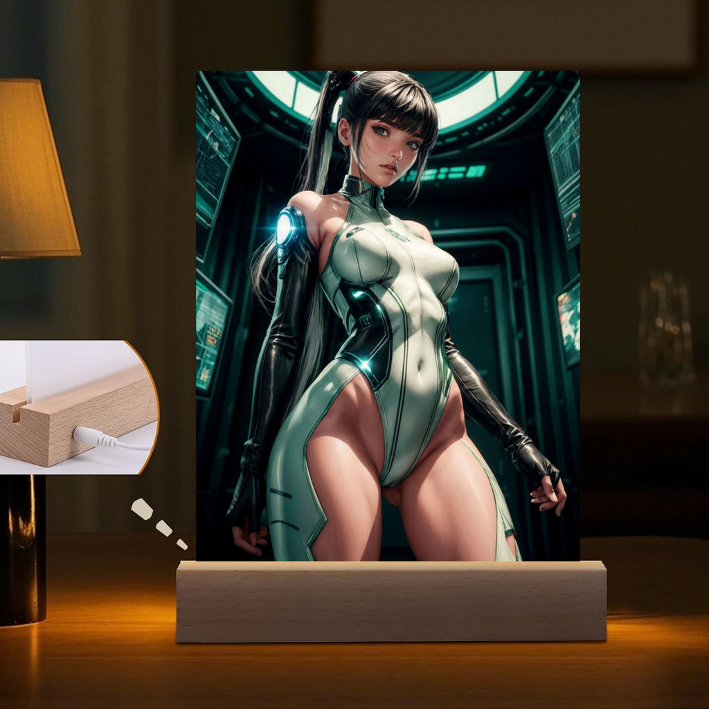 Stellar Blade Eve character LED night light with a lamp in the background. 