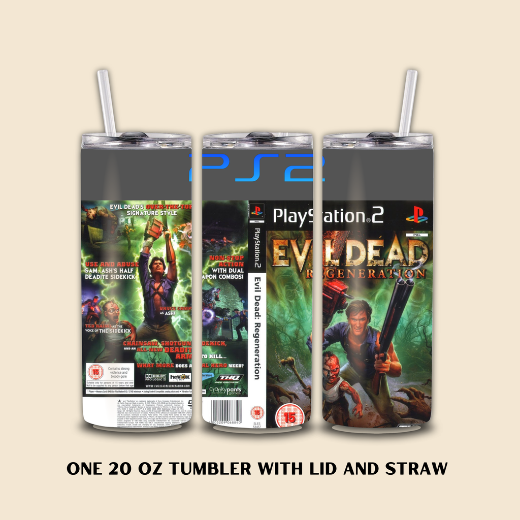 Three 20 oz tumblers with 'Evil Dead' and PlayStation 2 designs on a beige background.