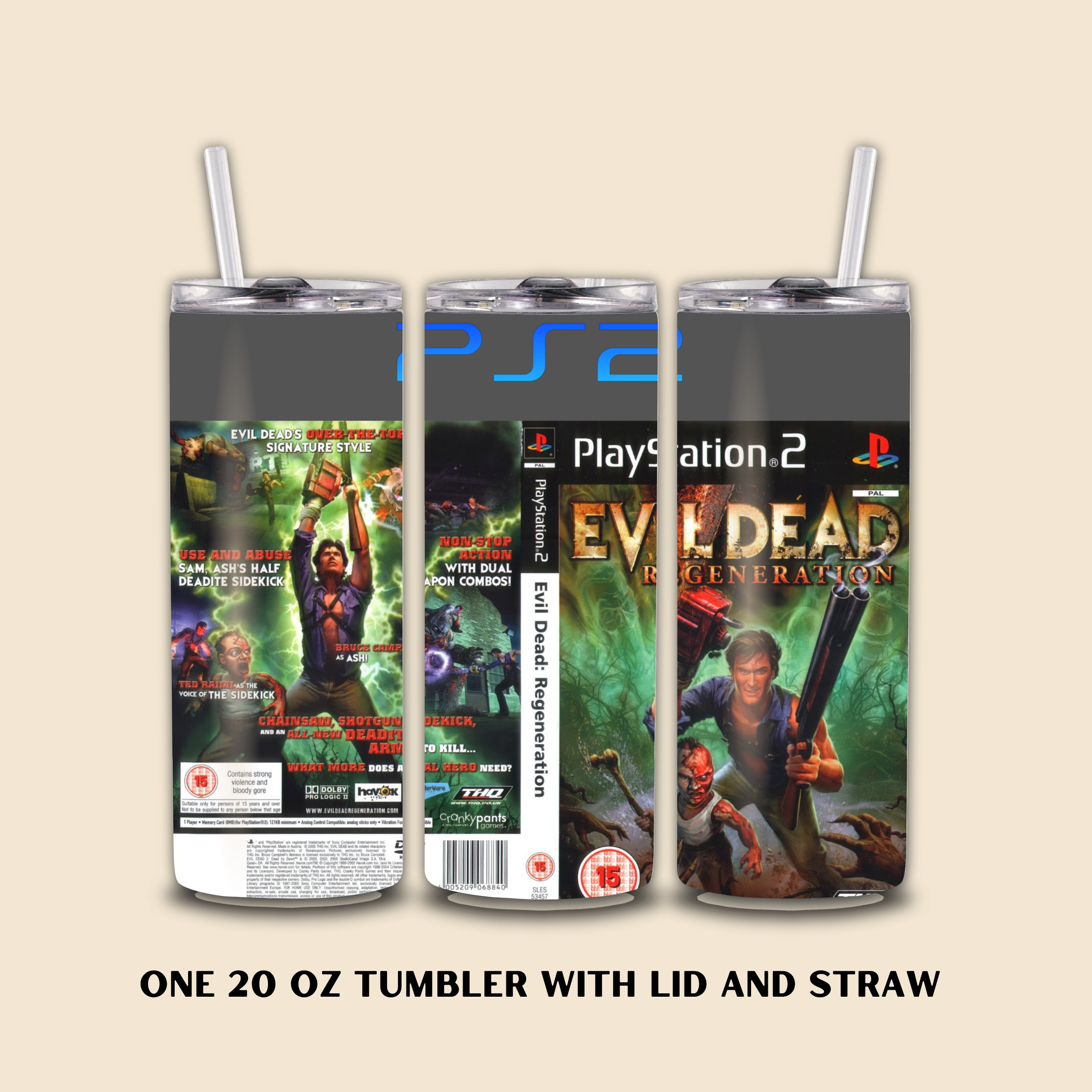 Three 20 oz tumblers with 'Evil Dead' and PlayStation 2 designs on a beige background.
