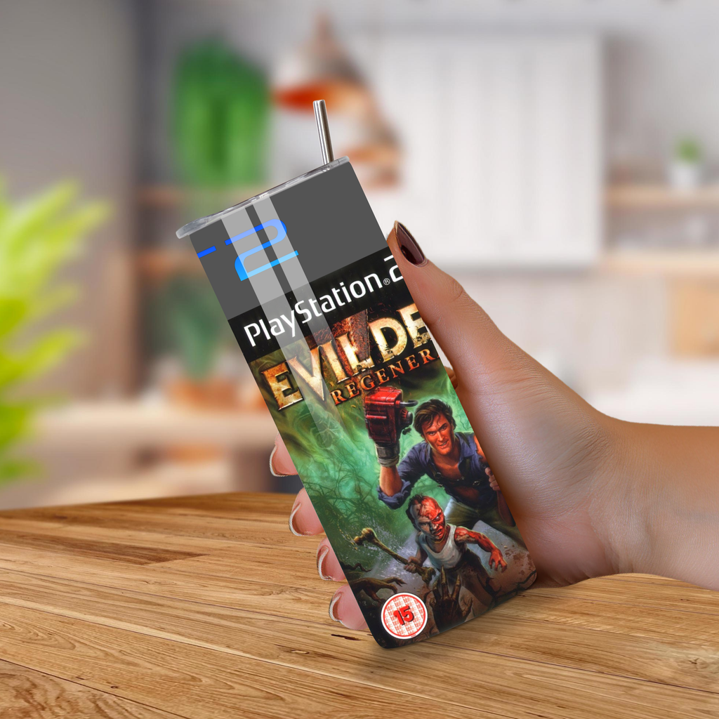 Evil Dead PlayStation 2-themed tumbler with game design held by a hand on a wooden surface.