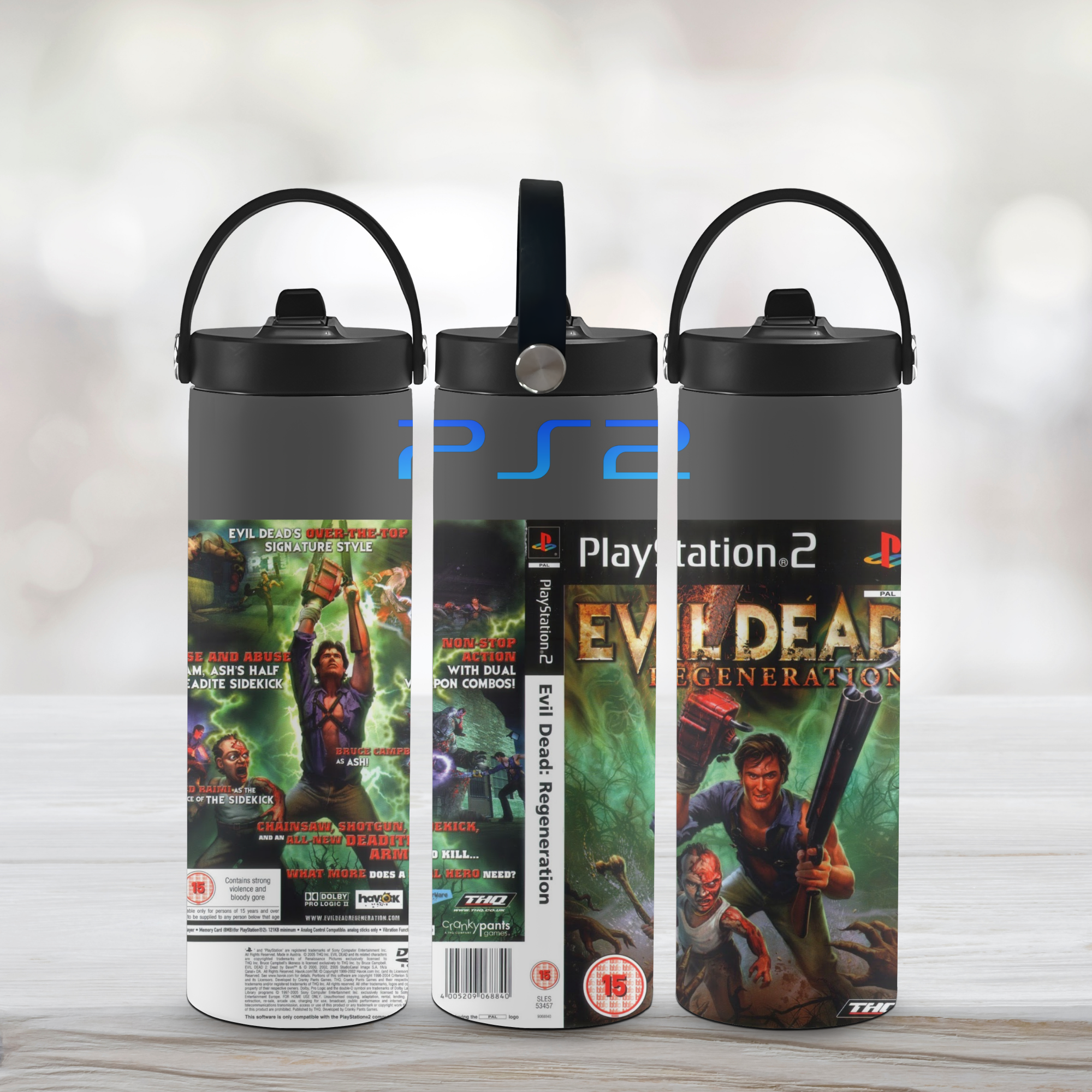 Three 20oz tumblers with 'Evil Dead 2' and 'PlayStation 2' branding on a light background.