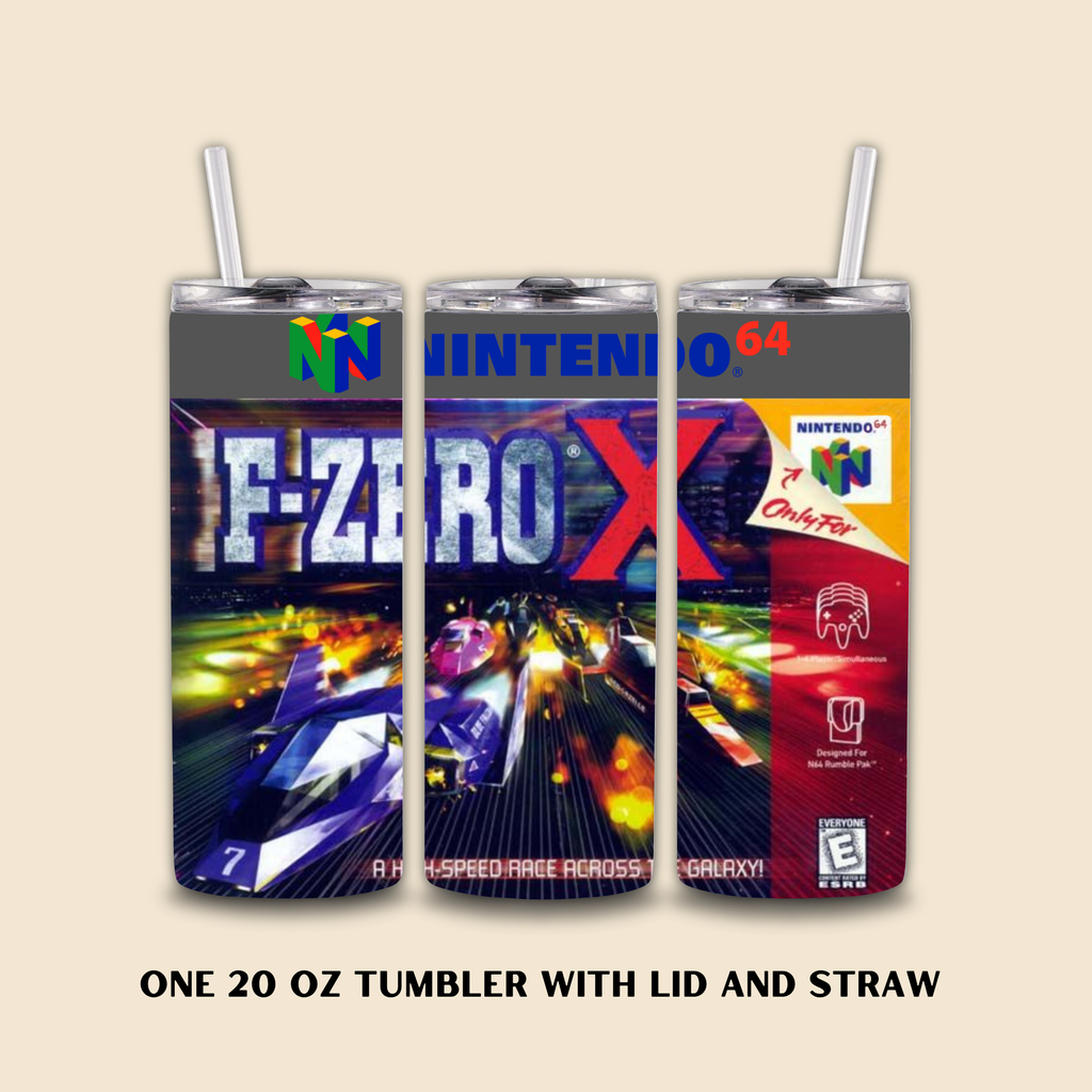 Three tumbler with lids and straws featuring Nintendo 64 game F-Zero X designs on a beige background.