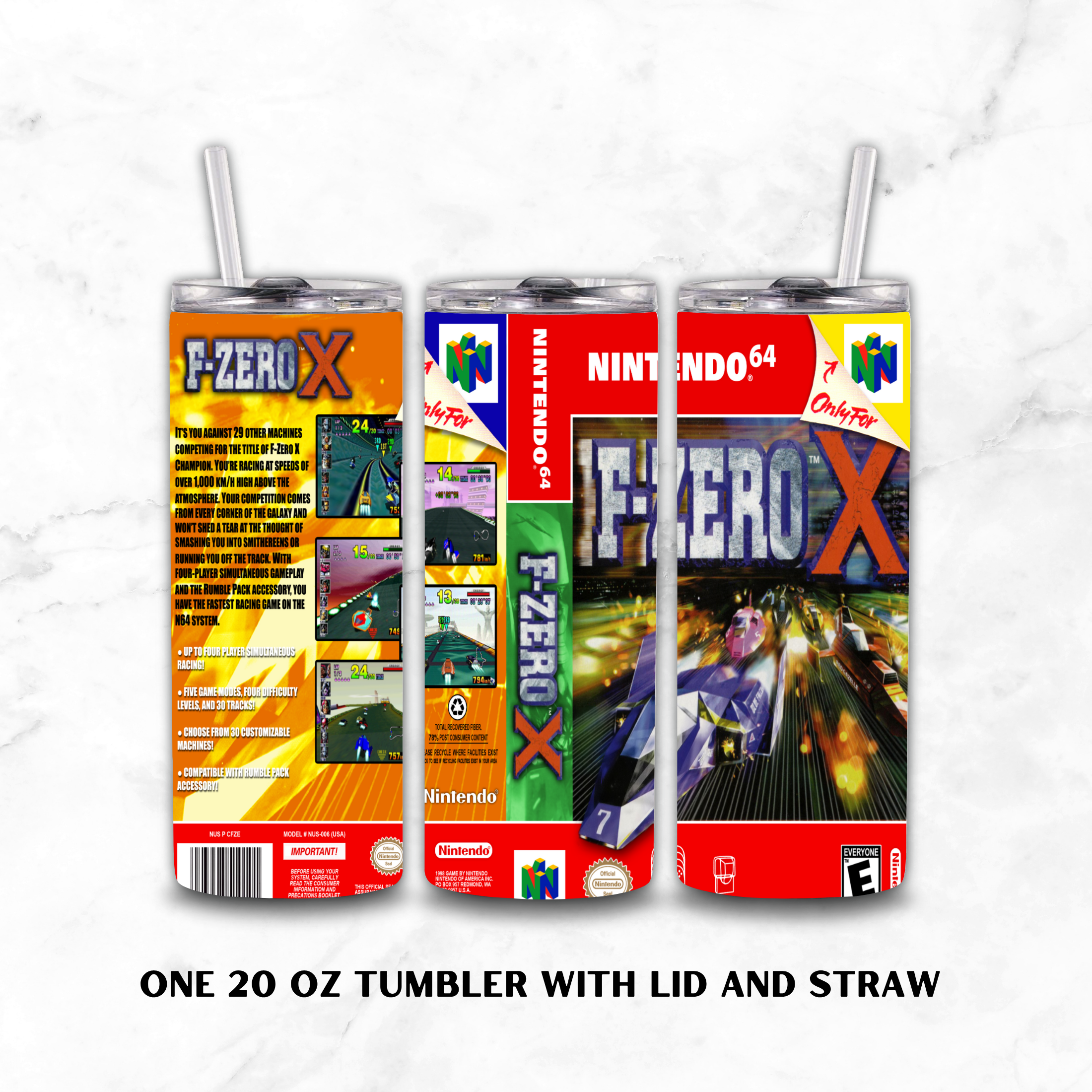 Three views of a 20 oz tumbler with lid and straw, featuring a colorful F-Zero X Nintendo 64 game cover design on a white marble background.