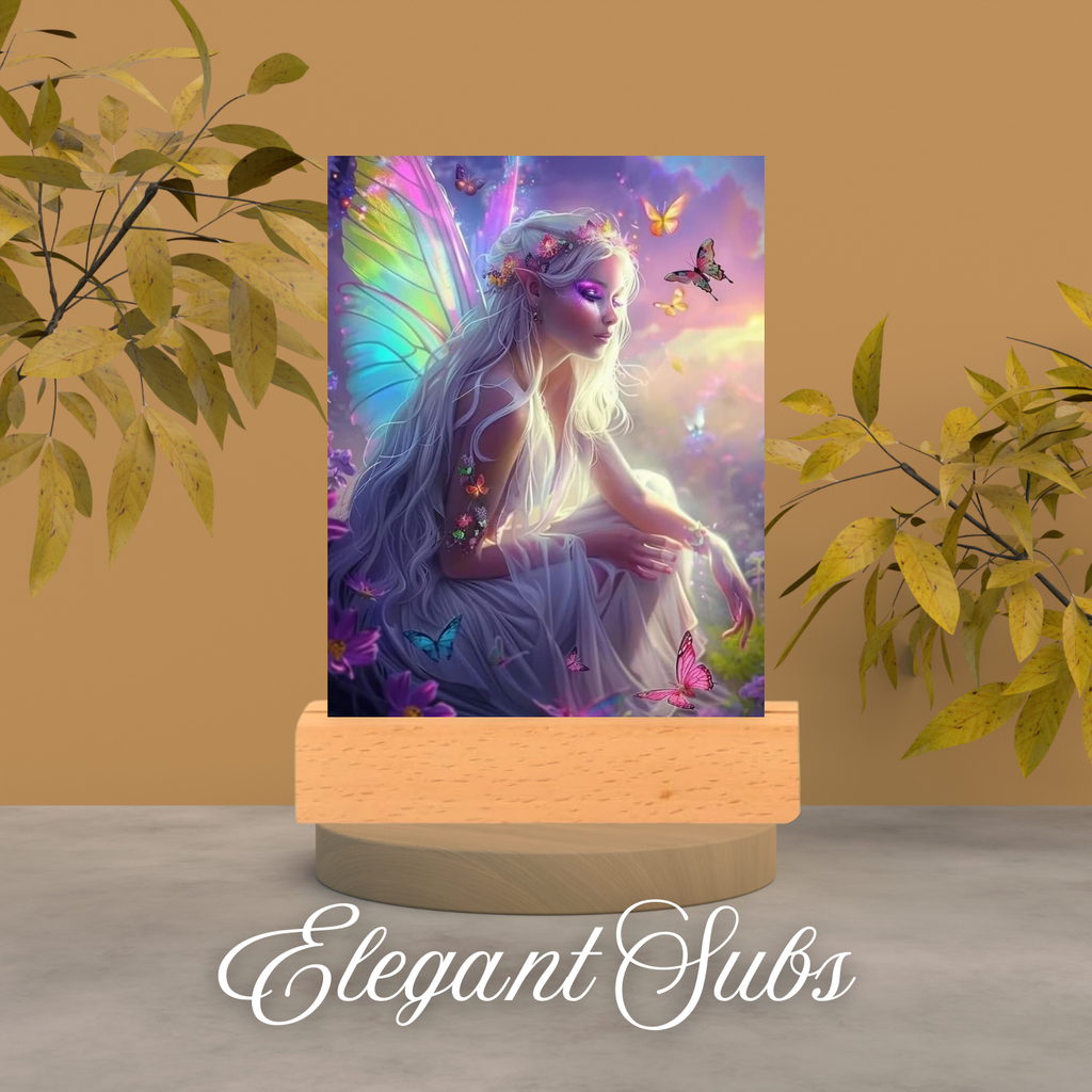 Fairy-themed night light on a stand with plants and a beige wall in the background