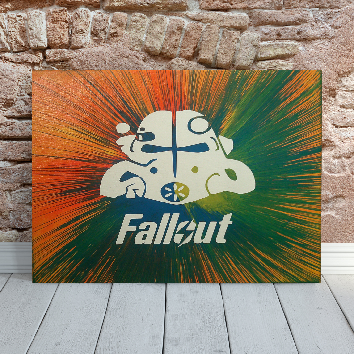 Fallout spin art canvas against a brick wall.