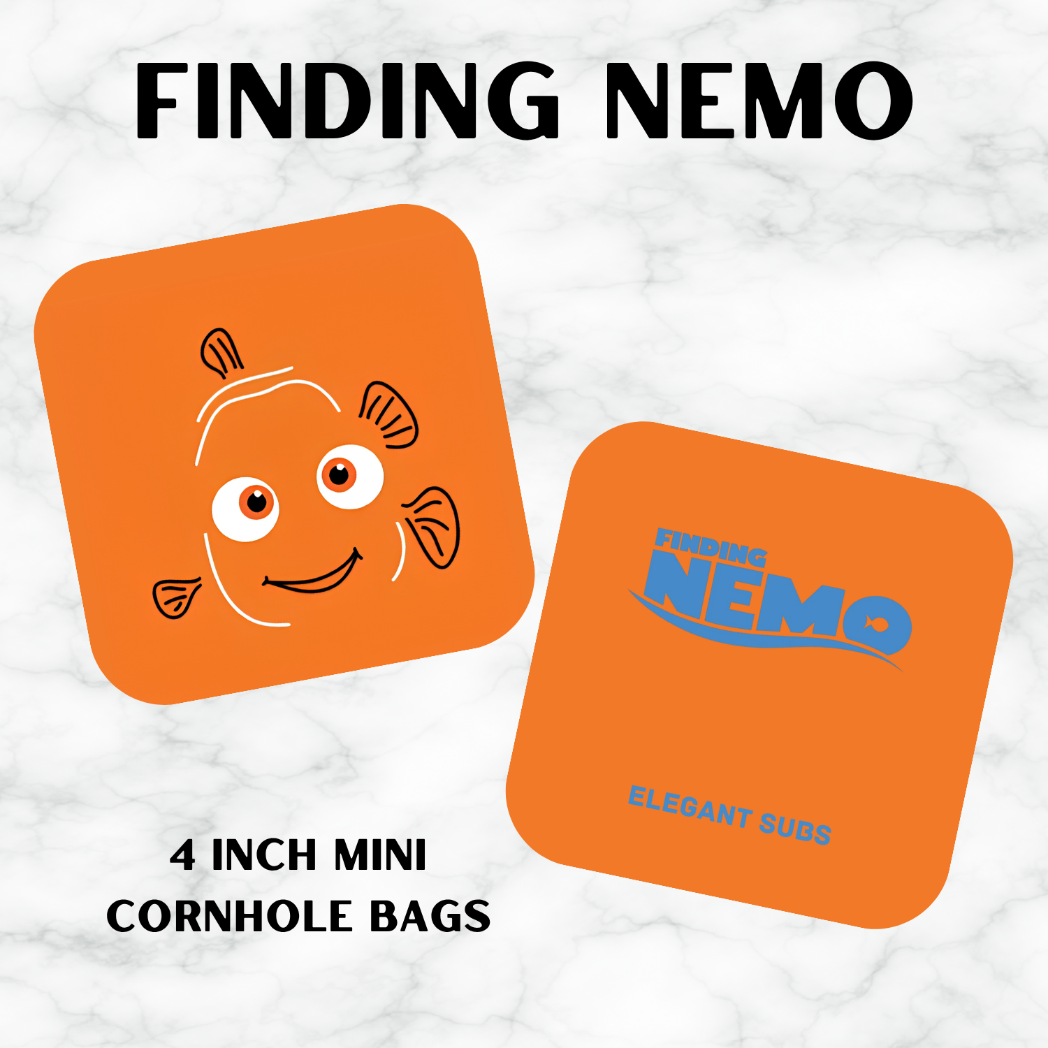 Two orange cornhole bags with Nemo design and 'Finding Nemo' branding on a textured white background.