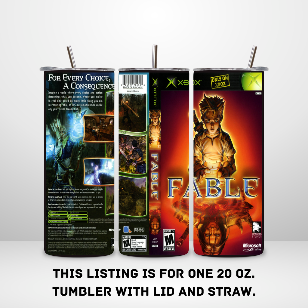 Three views of a 20 oz tumbler with lid and straw, printed with Xbox Live and Fable video game artwork, on a light gray background with text stating the listing is for one 20 oz tumbler.