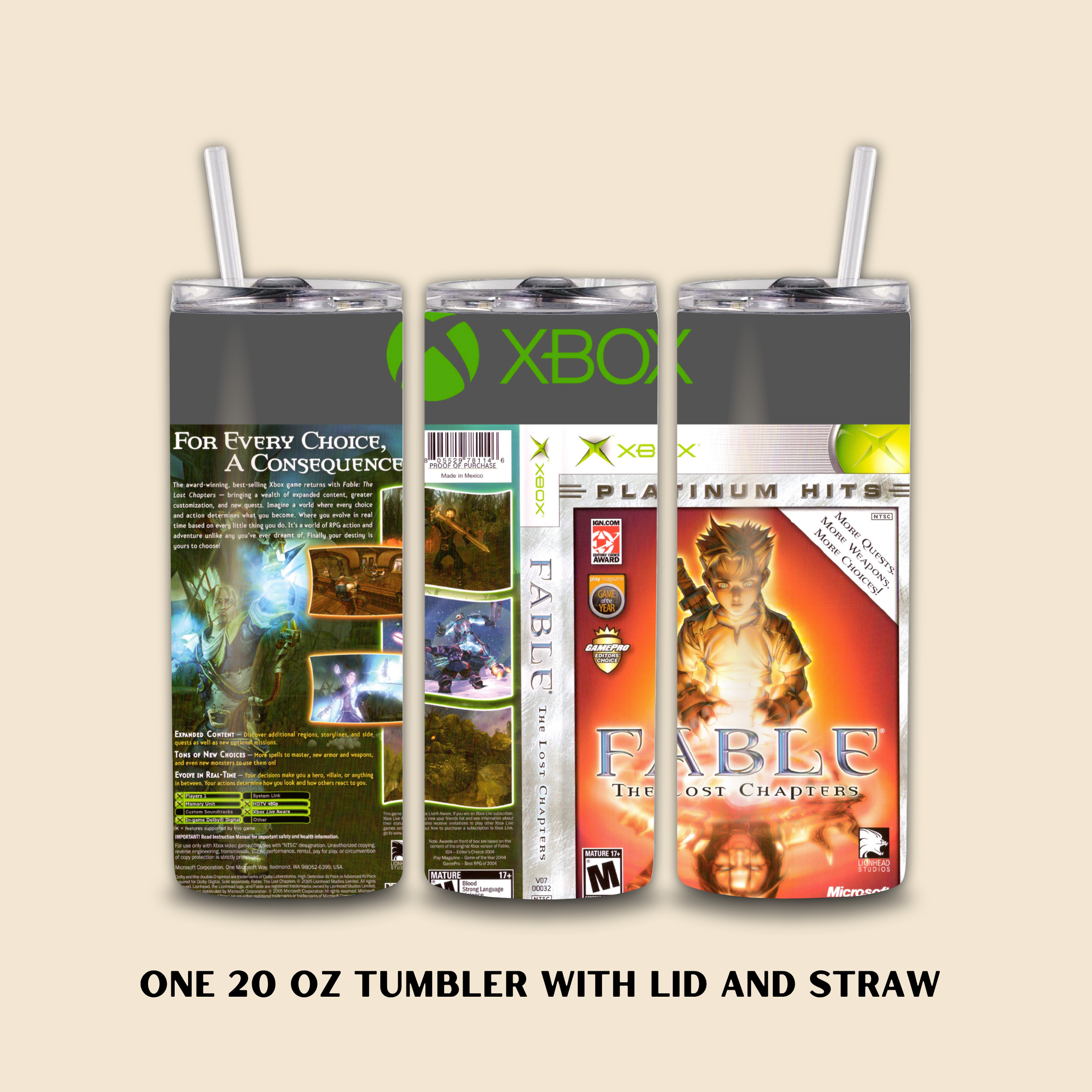 Three Tumblers with Xbox and Fable design on a beige background