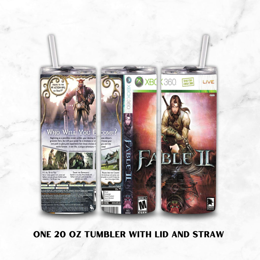Three views of a 20 oz tumbler with lid and straw, wrapped in a Fable II Xbox 360 game cover style print, shown on a white marble background with text reading 'ONE 20 OZ TUMBLER WITH LID AND STRAW'.