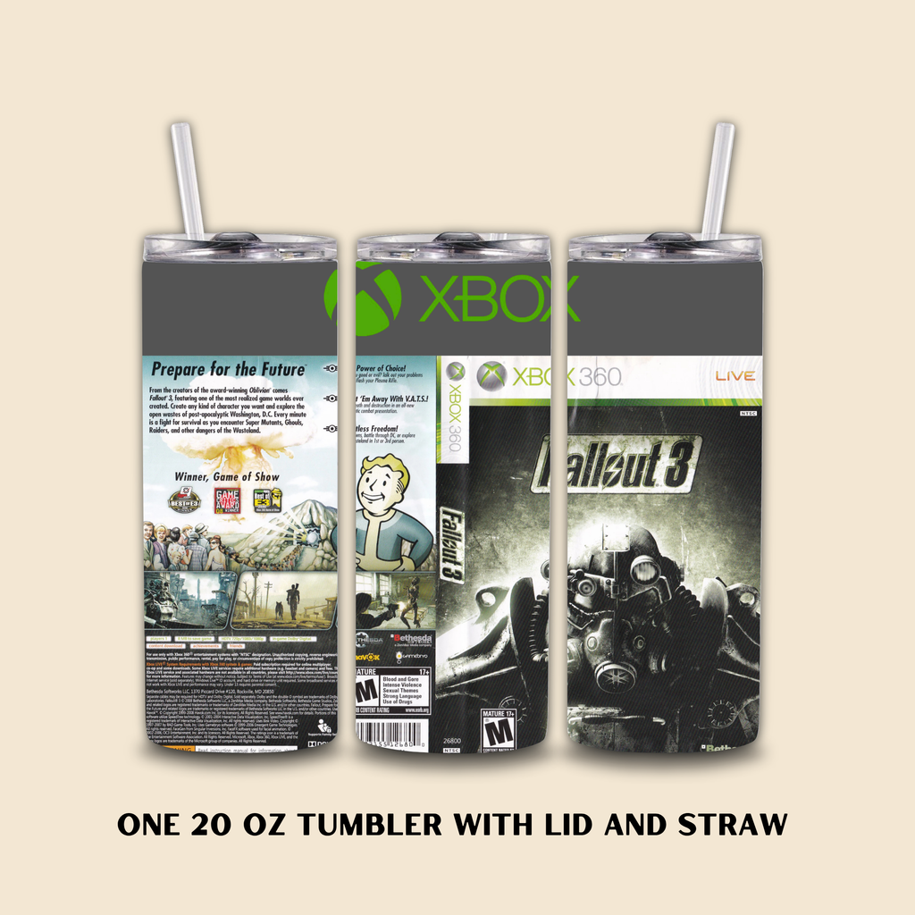 Three 20 oz tumblers with lids and straws featuring Xbox and Fallout 3 graphics on a beige background.