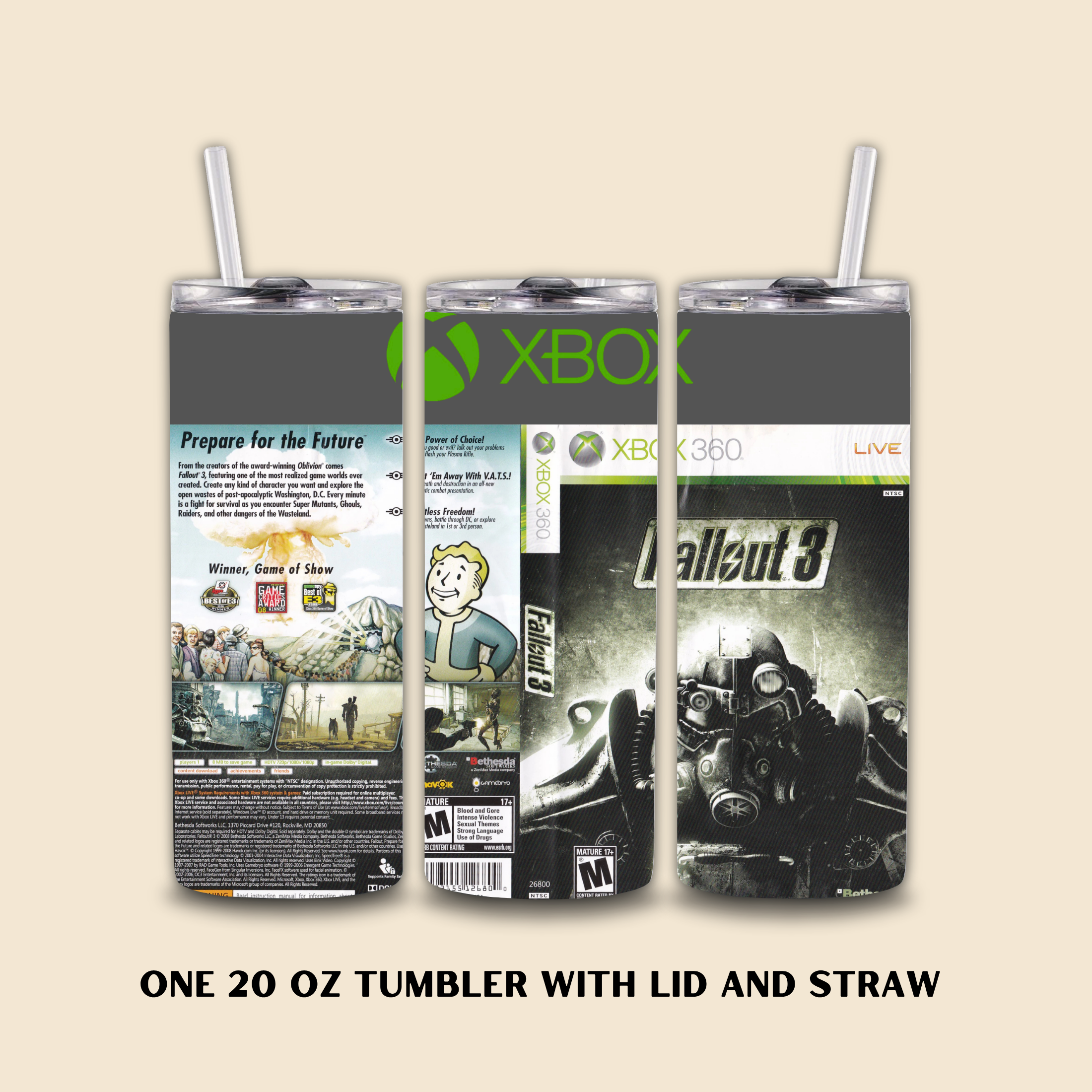 Three 20 oz tumblers with lids and straws featuring Xbox and Fallout 3 graphics on a beige background.