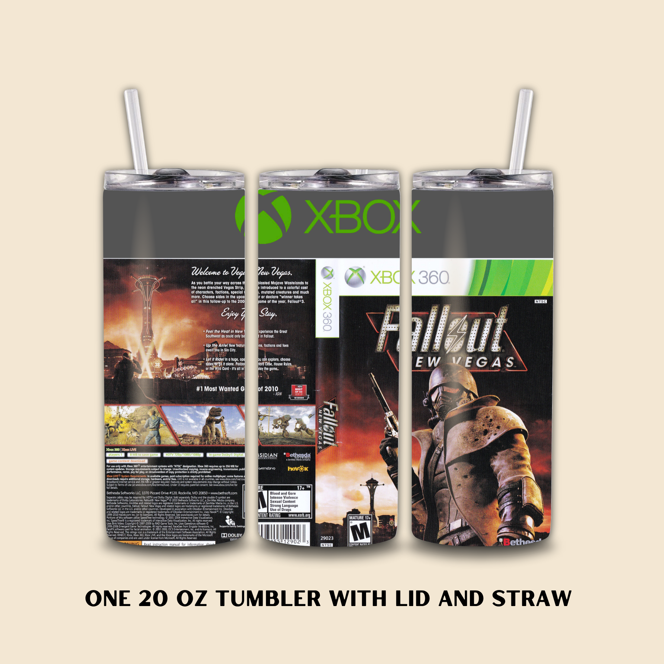 Tumbler with lid and straw featuring Xbox and Fallout New Vegas design on a beige background