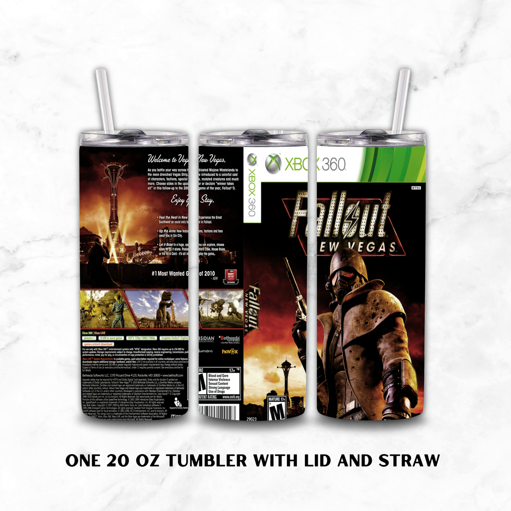 Three views of a 20 oz tumbler with lid and straw, featuring a custom Fallout New Vegas wrap design on a white marble background. The design includes the Fallout New Vegas logo, a soldier character, and game artwork.