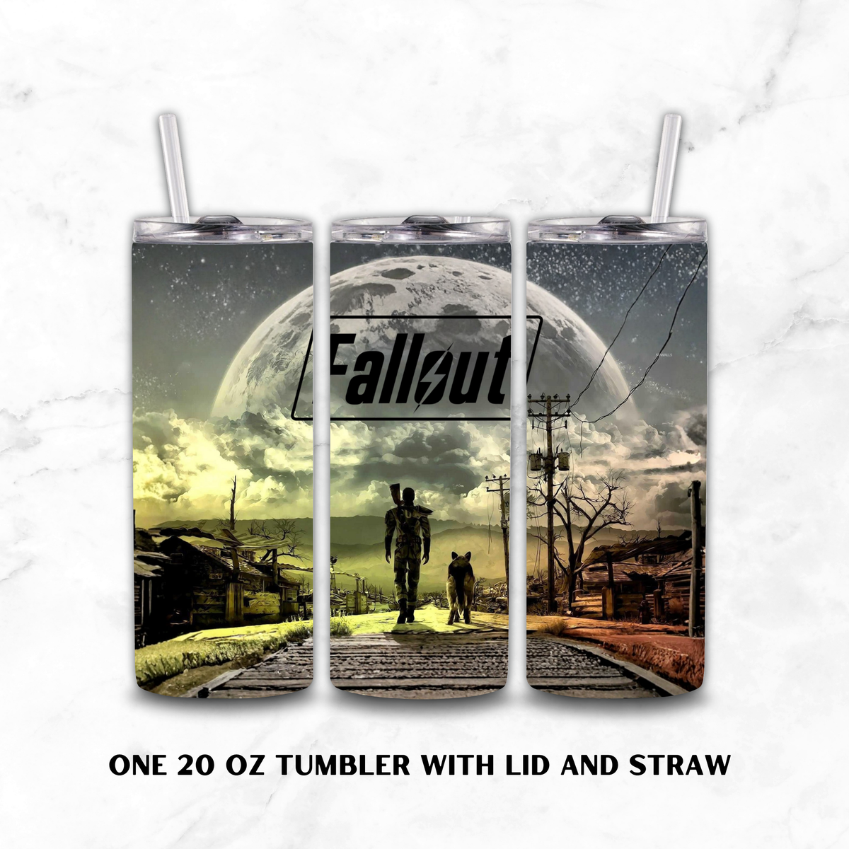 Three 20 oz tumblers with lids and clear straws, shown side by side on a white marble background. The tumblers feature a Fallout-themed graphic print with a large moon, a ruined town, and two silhouetted figures.