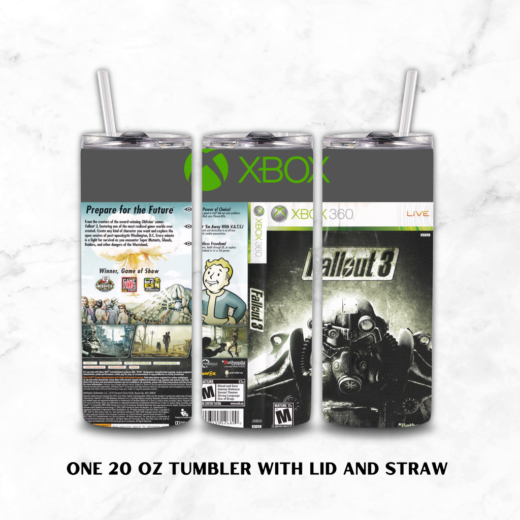 Three views of a 20 oz insulated tumbler with lid and straw, wrapped in a Fallout 3 themed Xbox skin, displayed on a white marble background.