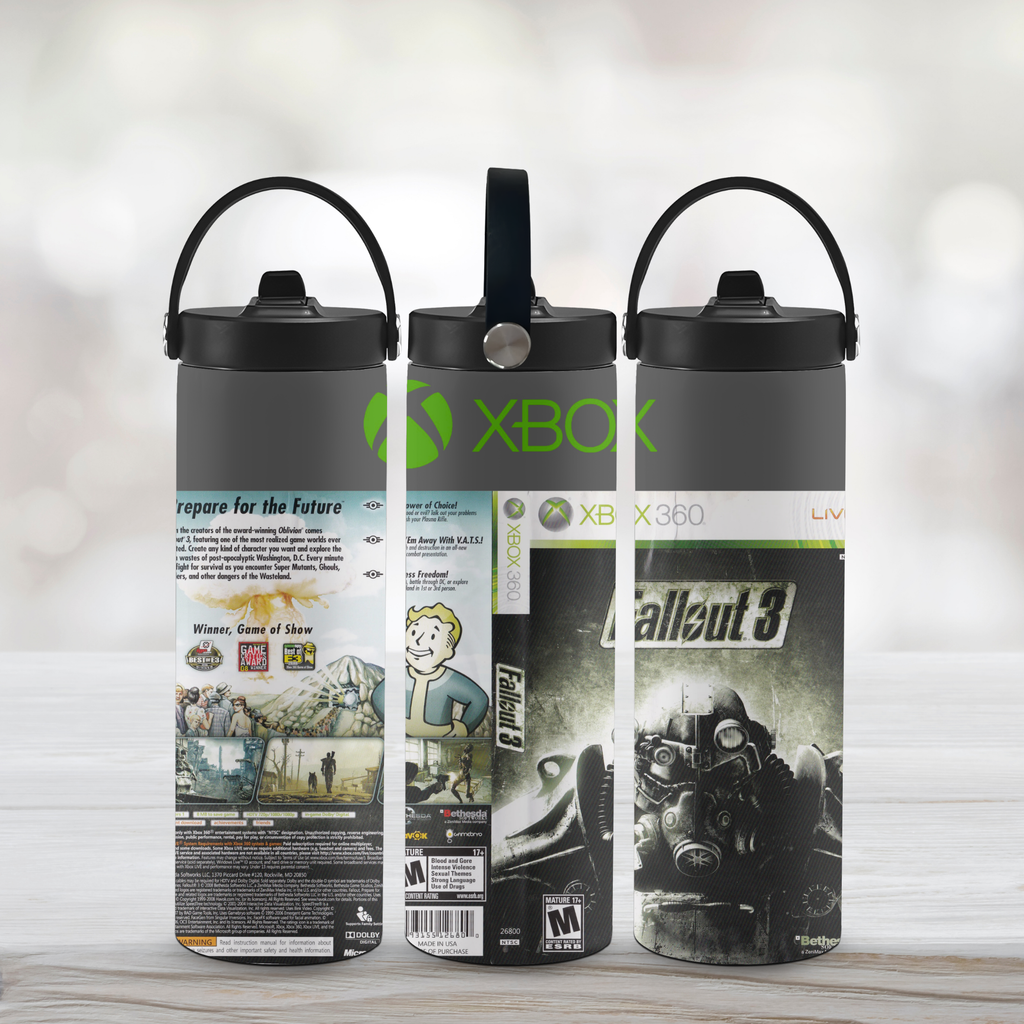 Three sports water bottle designs featuring Xbox and Fallout 3 branding on a light wooden surface.
