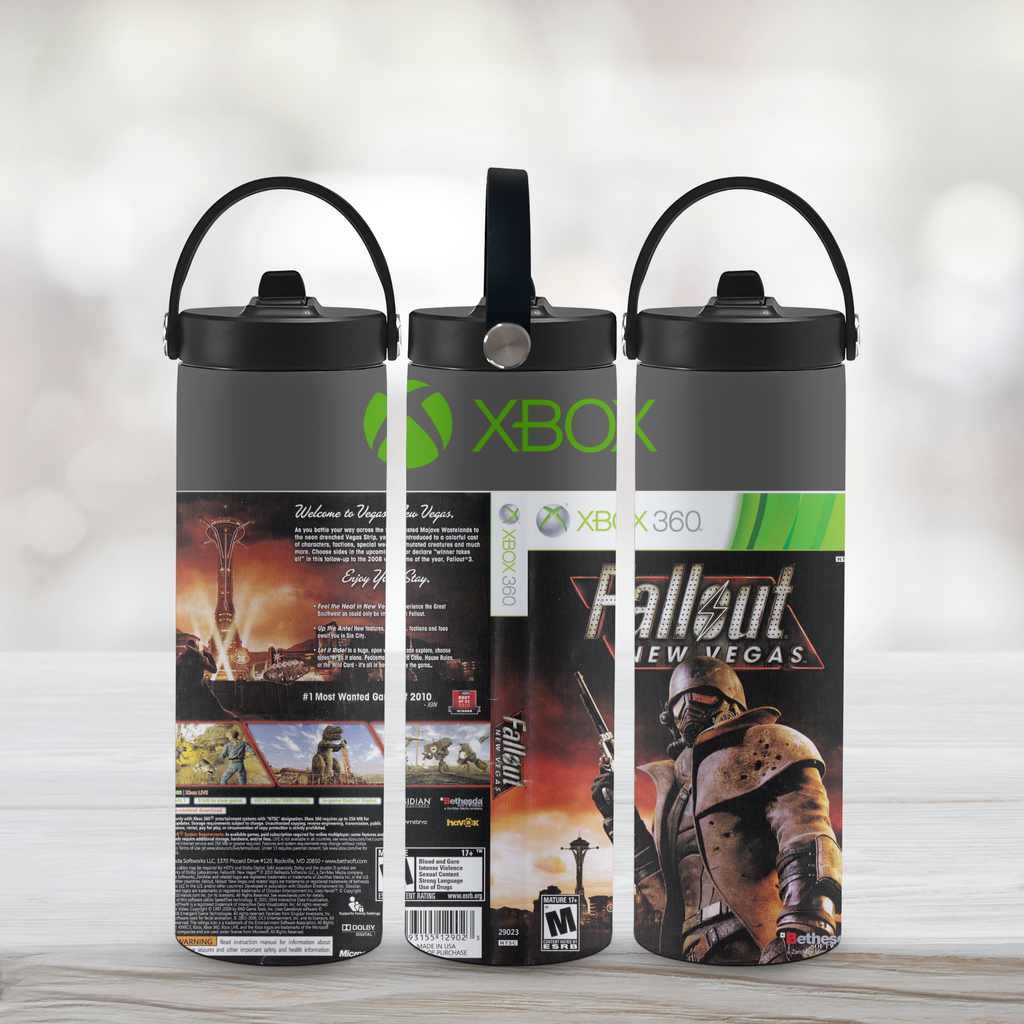 Three water bottles with 'Xbox' and 'Fallout New Vegas' designs on a light background