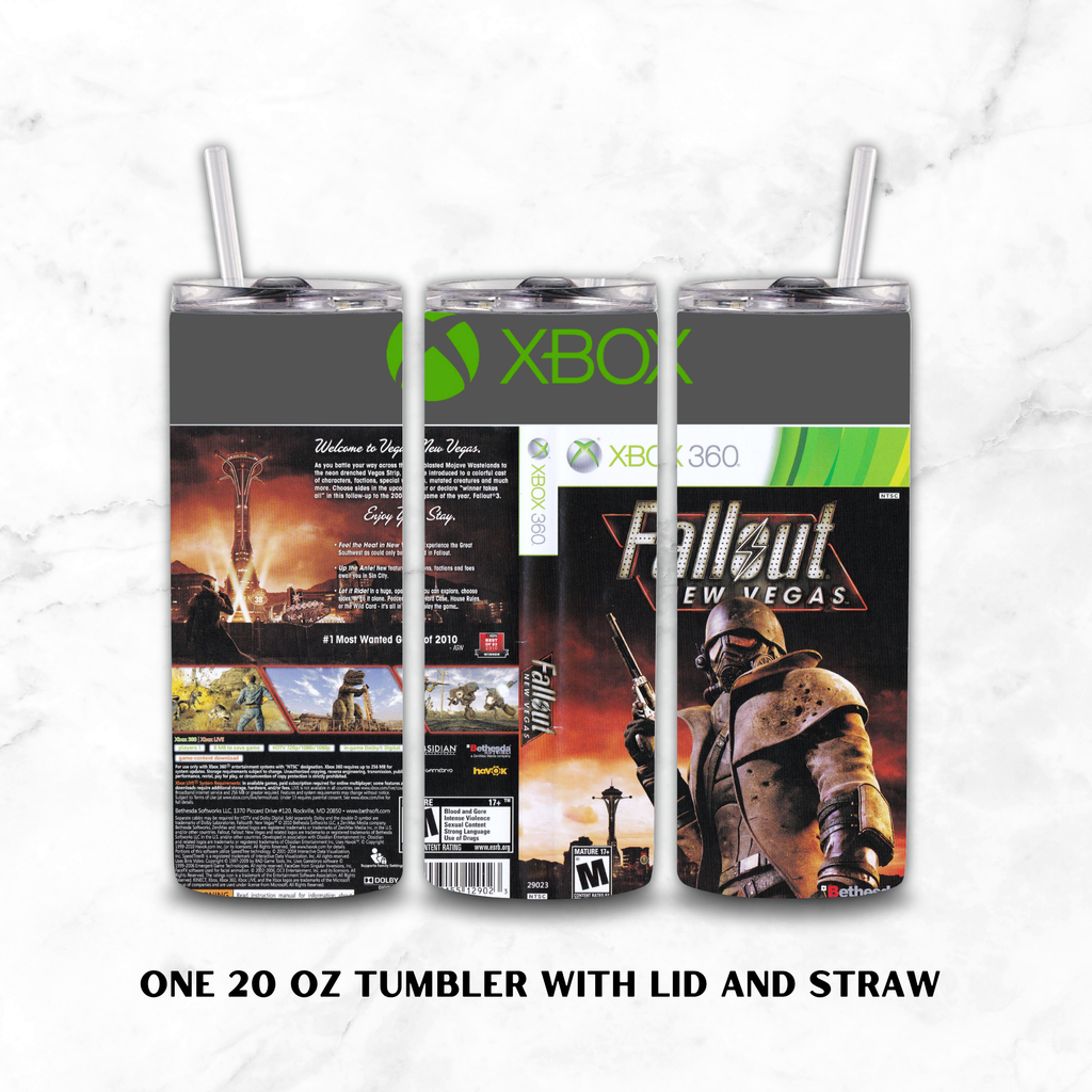 Three views of a 20 oz tumbler with lid and straw, featuring Xbox branding and Fallout New Vegas artwork, shown on a light marble background.