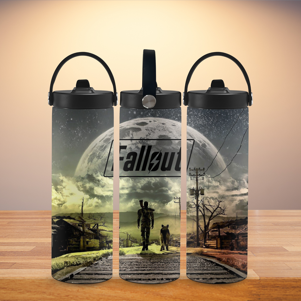 Three water bottle tumblers with 'Fallout' design on a wooden surface