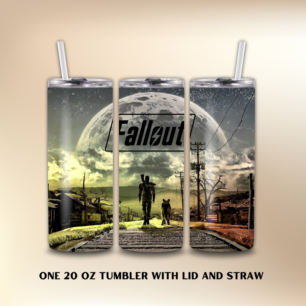 Tumbler with 'Fallout' design featuring a character and dog in a post-apocalyptic setting.