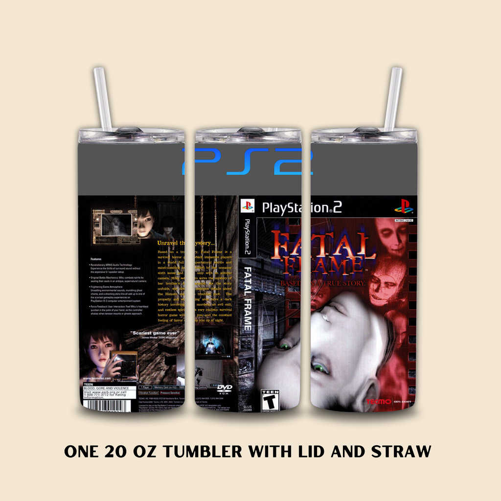 20 oz tumbler with lid and straw featuring a Fatal Frame design on a beige background.
