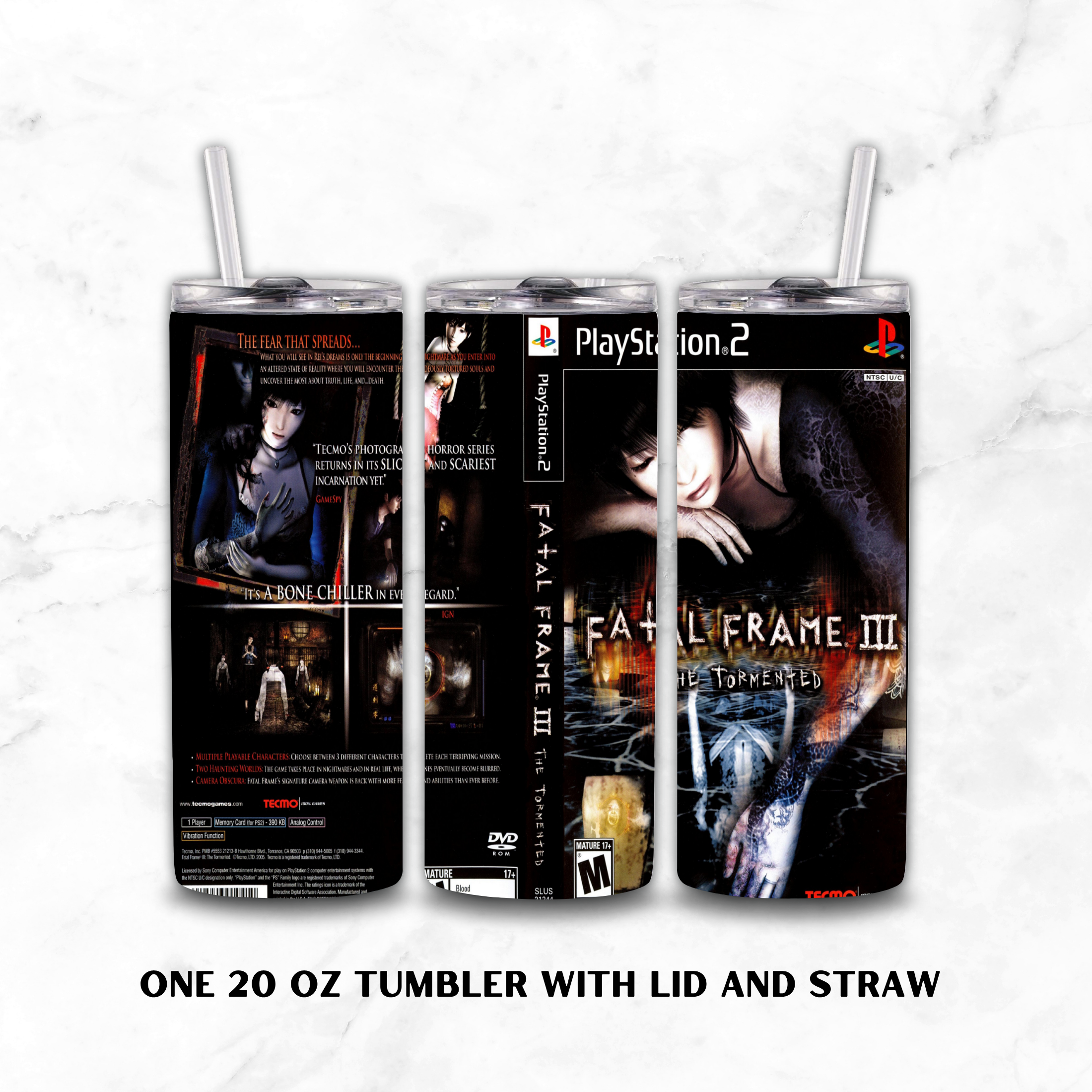 Three views of a 20 oz tumbler with lid and straw, printed with PlayStation 2 themed artwork from Fatal Frame III: Tormented, shown on a white marble background with text reading 'ONE 20 OZ TUMBLER WITH LID AND STRAW'.