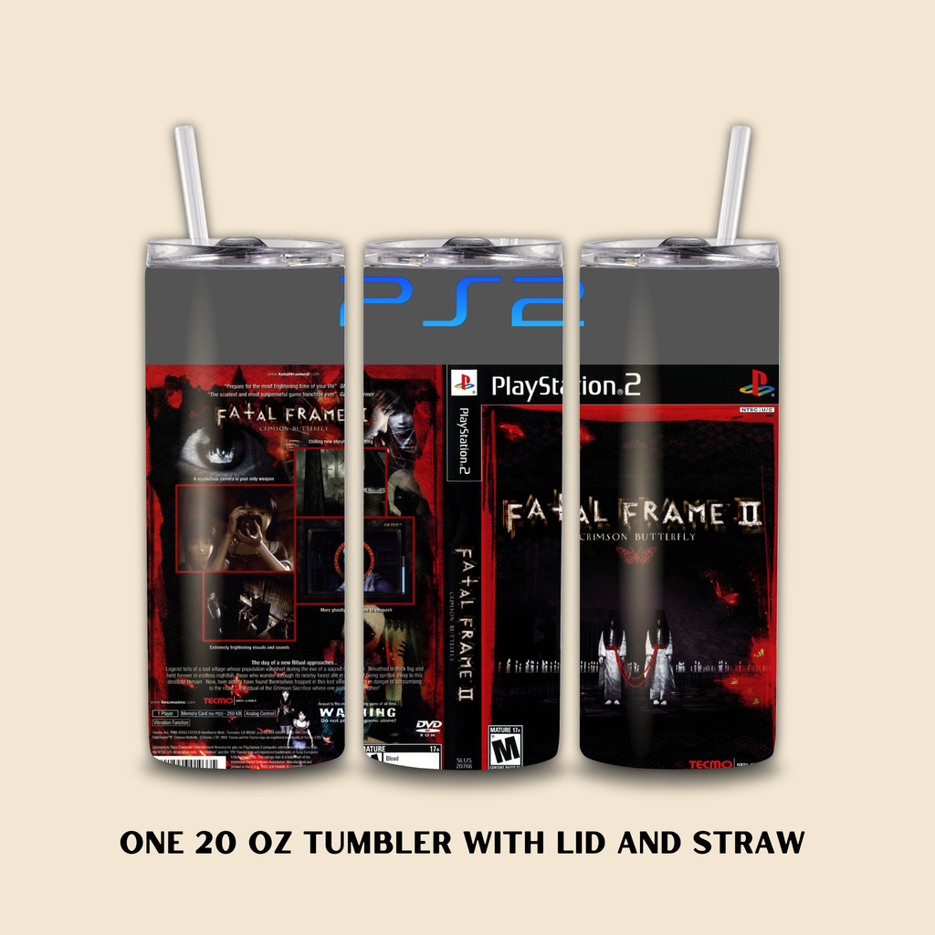 Three 20 oz tumblers with 'Fatal Frame II' and PlayStation 2 design on a beige background.