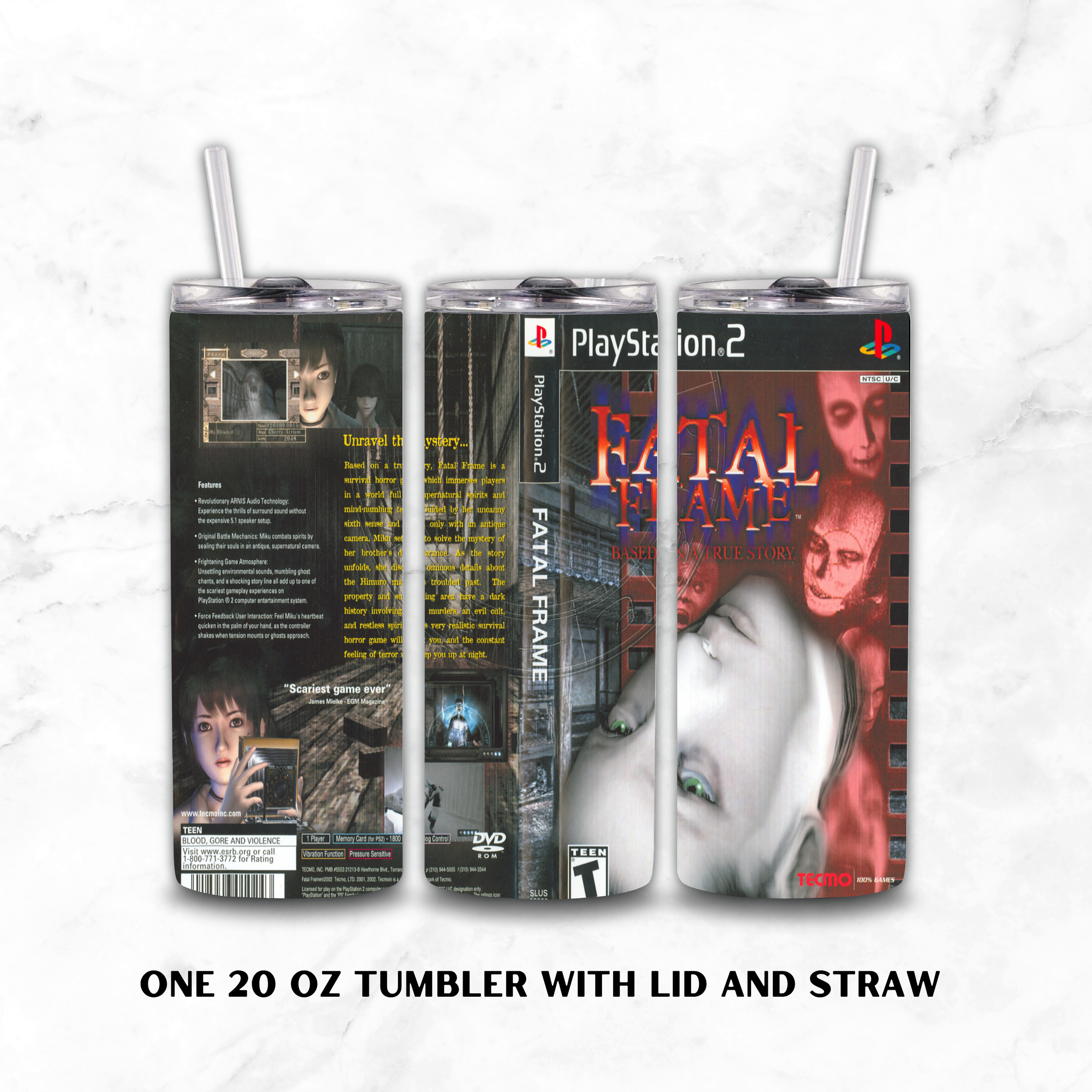 Three views of a 20 oz tumbler with lid and straw, printed with PlayStation 2 themed artwork including Fatal Frame. The tumbler is shown from the back, spine, and front on a white marble background.