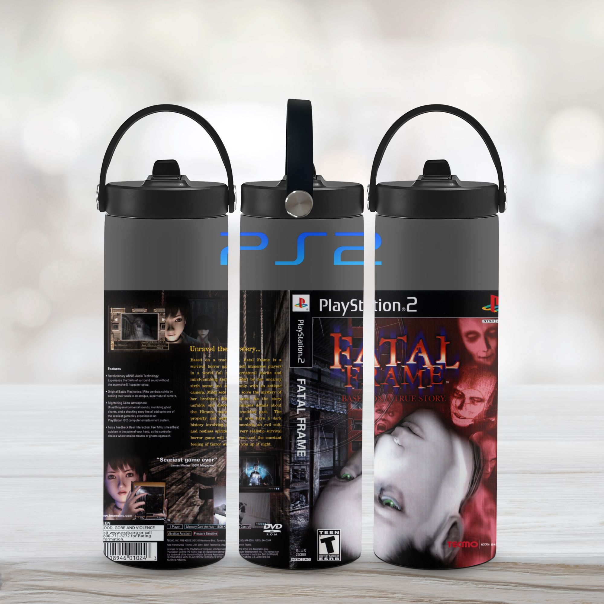 Three sports water bottle with 'Fatal Frame' design on a white background