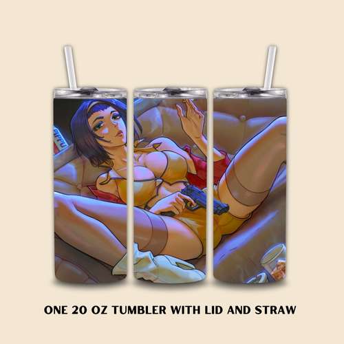 3 20oz tumblers with a design of anime Faye Valentine holding a gun on a beige background.